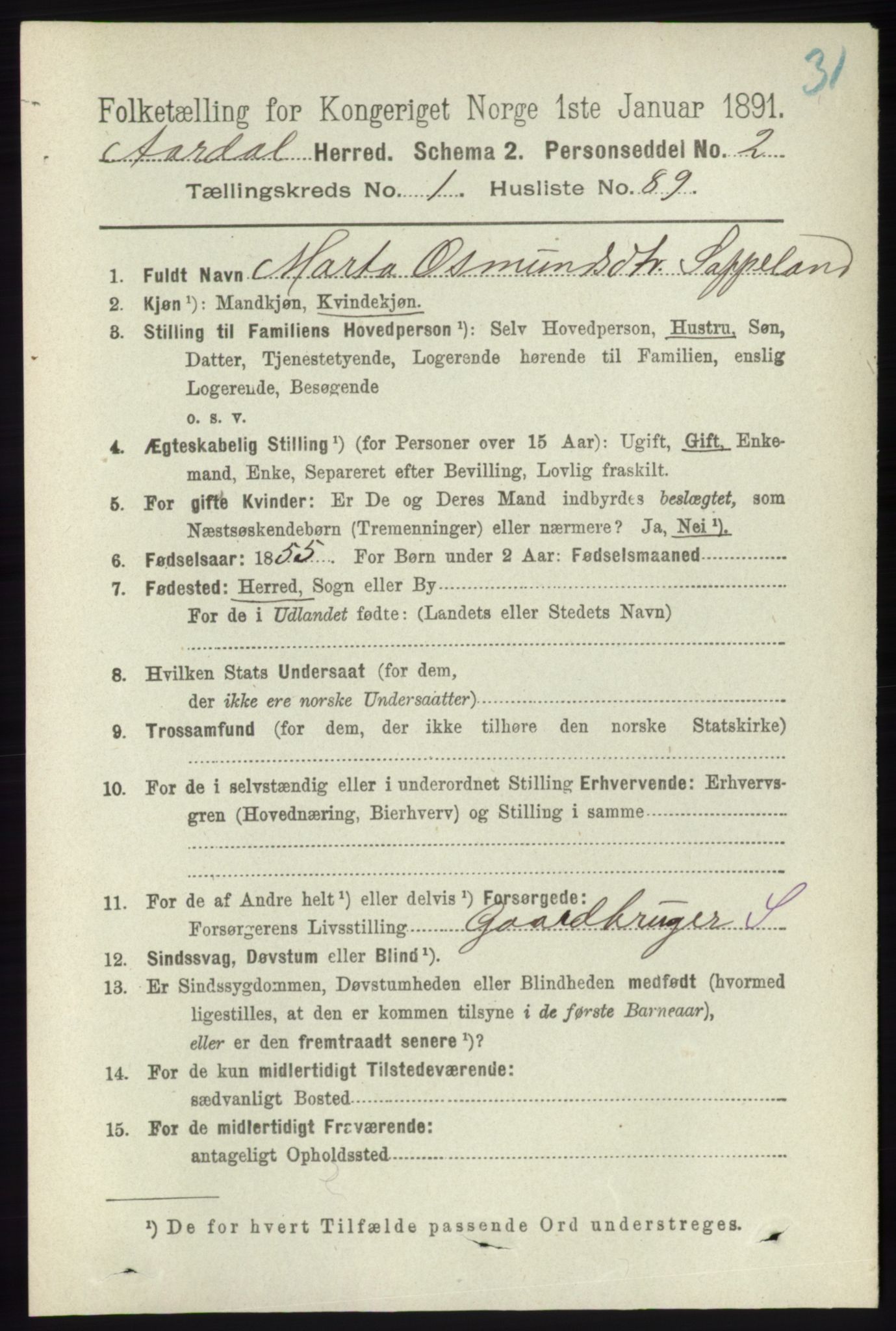 RA, 1891 census for 1131 Årdal, 1891, p. 521
