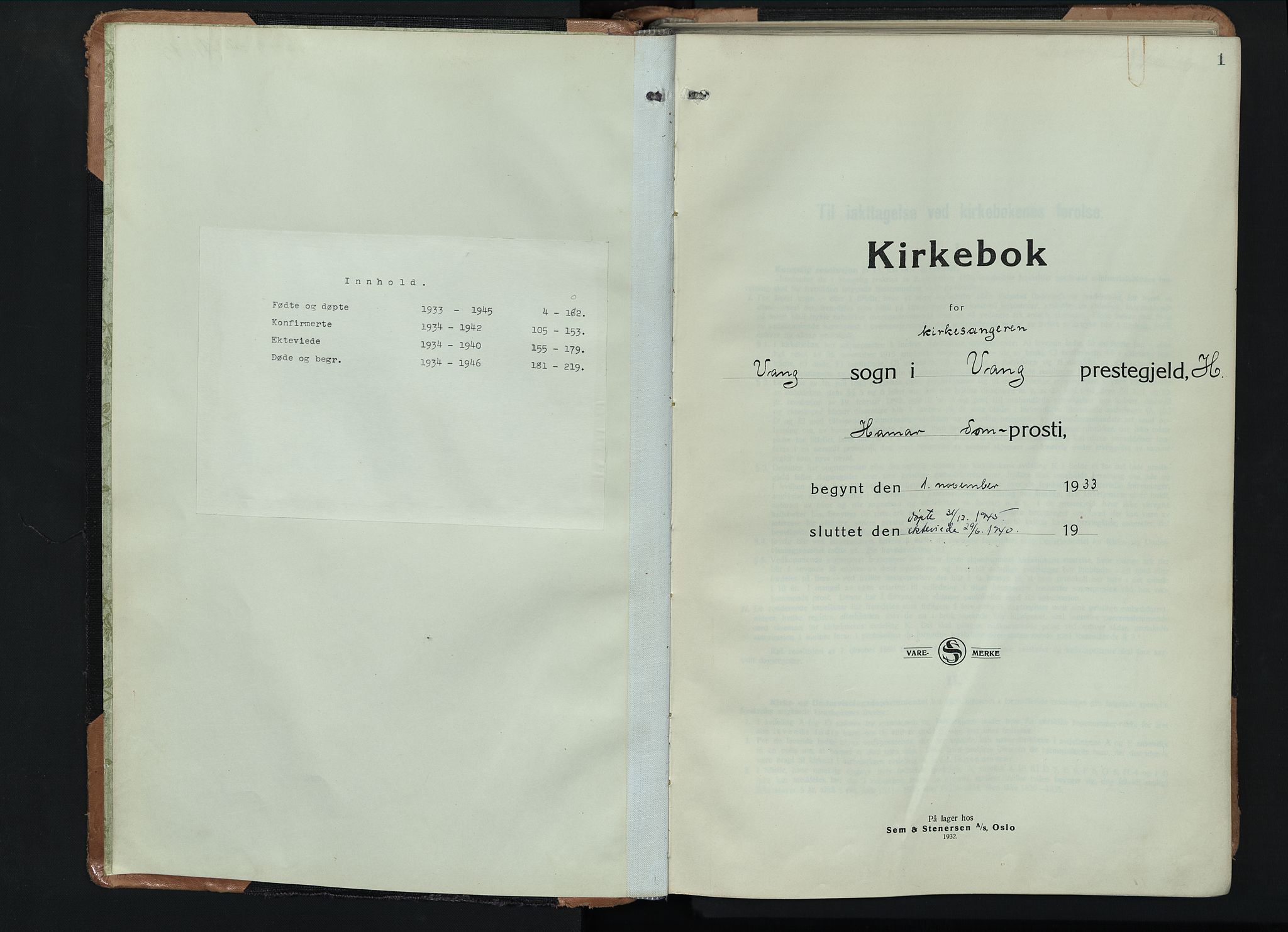 Vang prestekontor, Hedmark, AV/SAH-PREST-008/H/Ha/Hab/L0016: Parish register (copy) no. 16, 1933-1945, p. 1