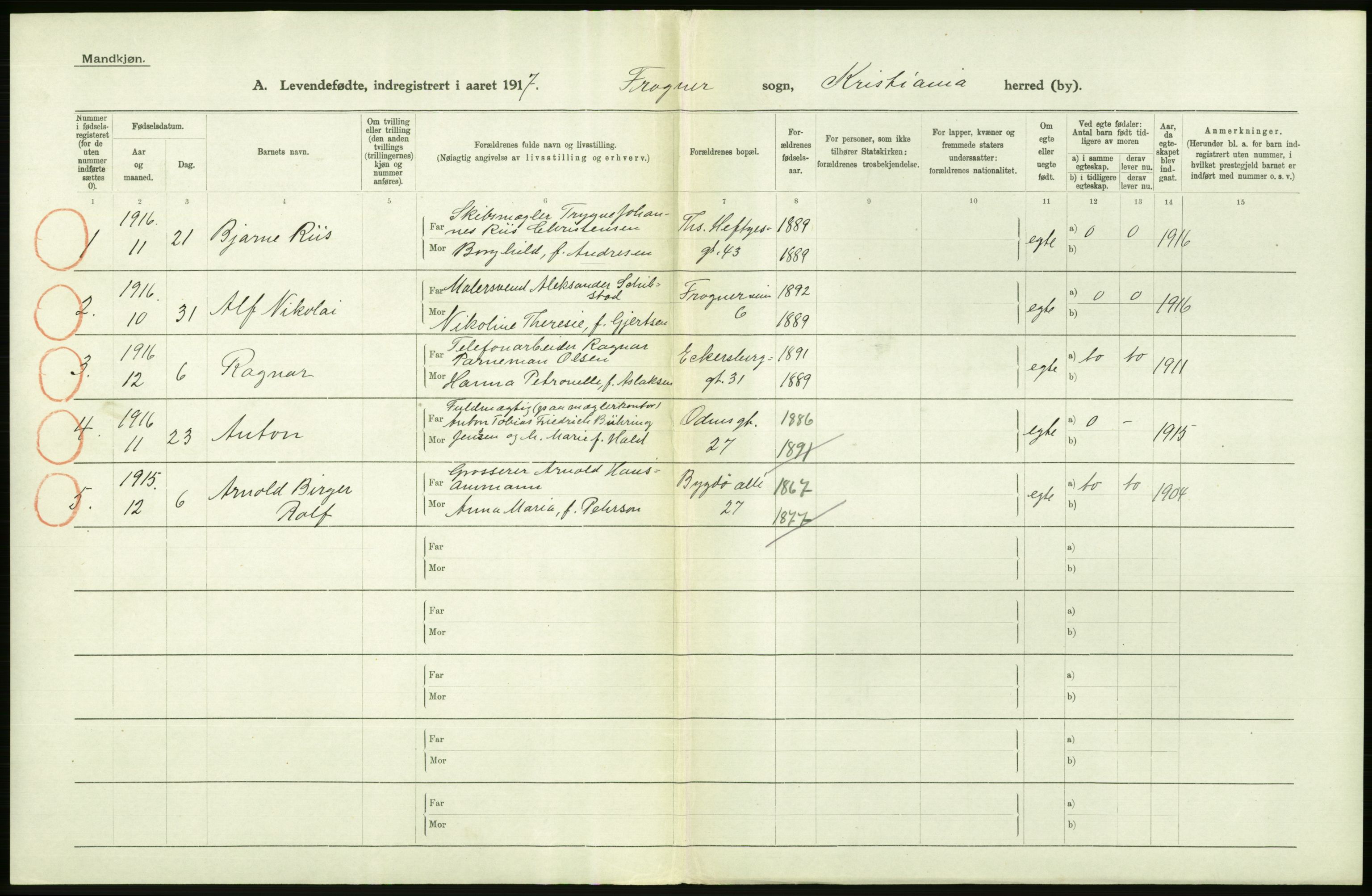 Statistisk sentralbyrå, Sosiodemografiske emner, Befolkning, AV/RA-S-2228/D/Df/Dfb/Dfbg/L0007: Kristiania: Levendefødte menn og kvinner., 1917, p. 222