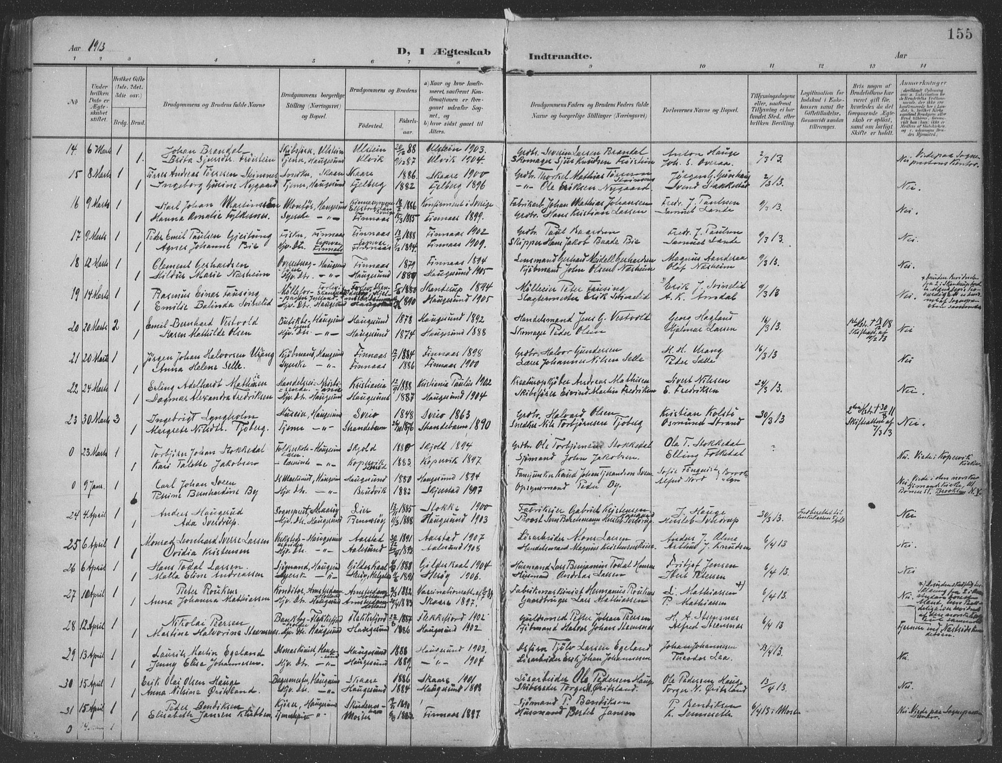 Haugesund sokneprestkontor, AV/SAST-A -101863/H/Ha/Haa/L0007: Parish register (official) no. A 7, 1904-1916, p. 155