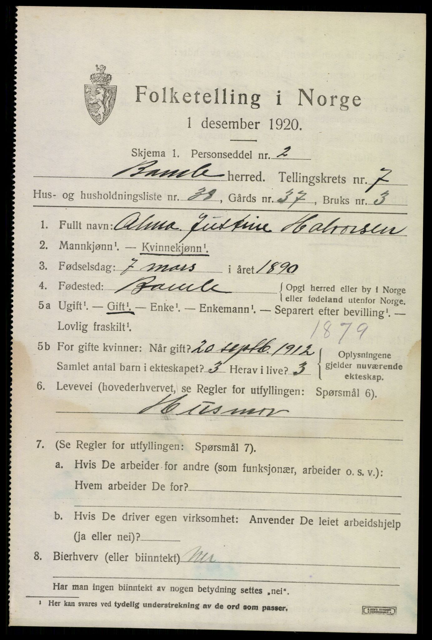 SAKO, 1920 census for Bamble, 1920, p. 7361