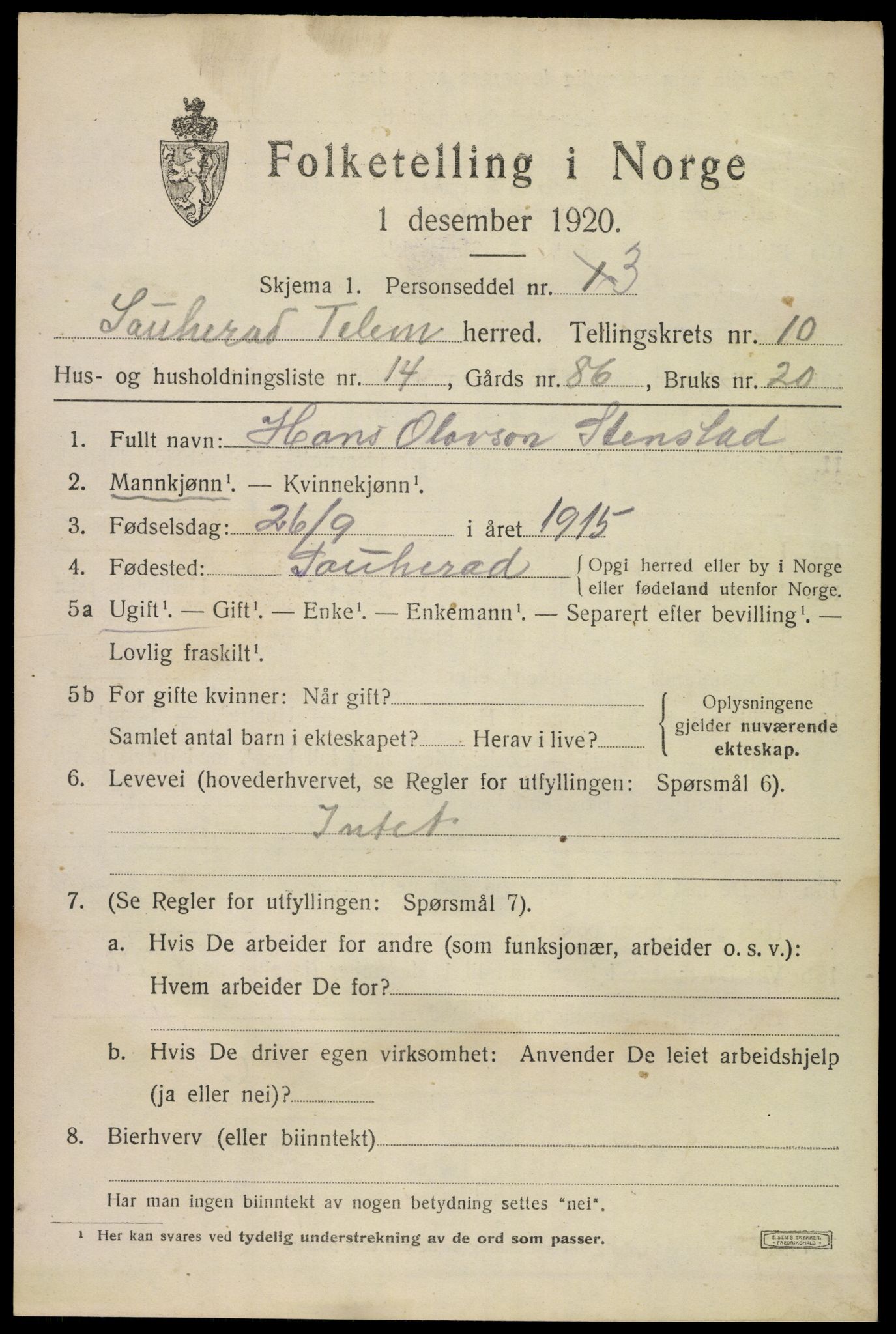 SAKO, 1920 census for Sauherad, 1920, p. 7521