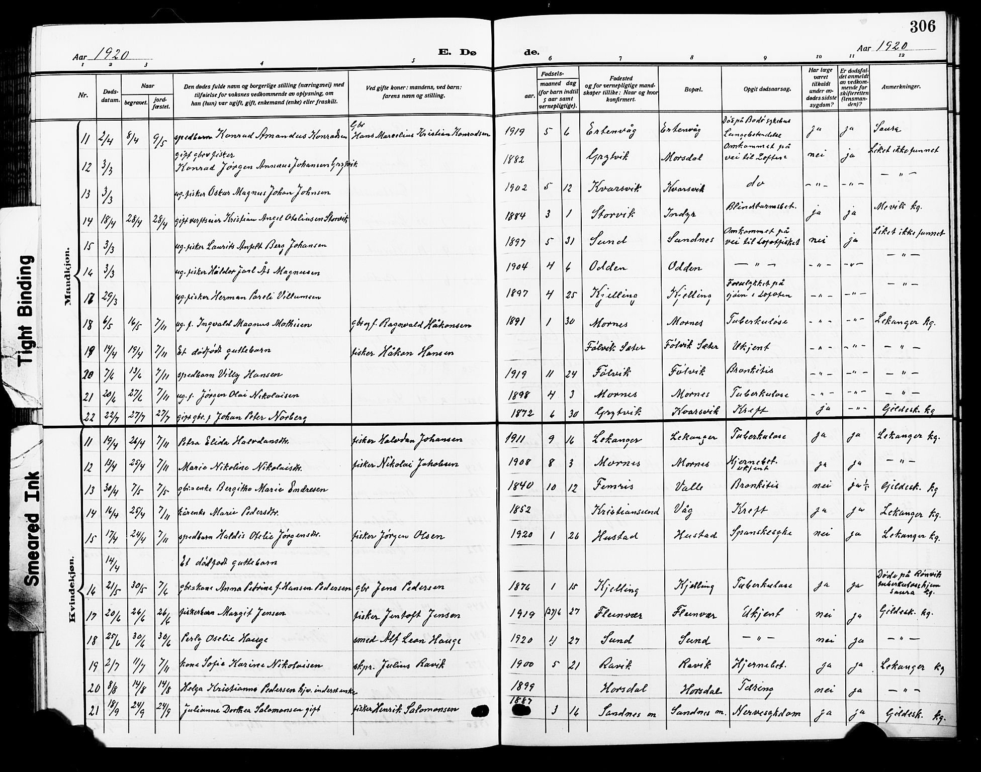 Ministerialprotokoller, klokkerbøker og fødselsregistre - Nordland, SAT/A-1459/805/L0110: Parish register (copy) no. 805C06, 1909-1924, p. 306