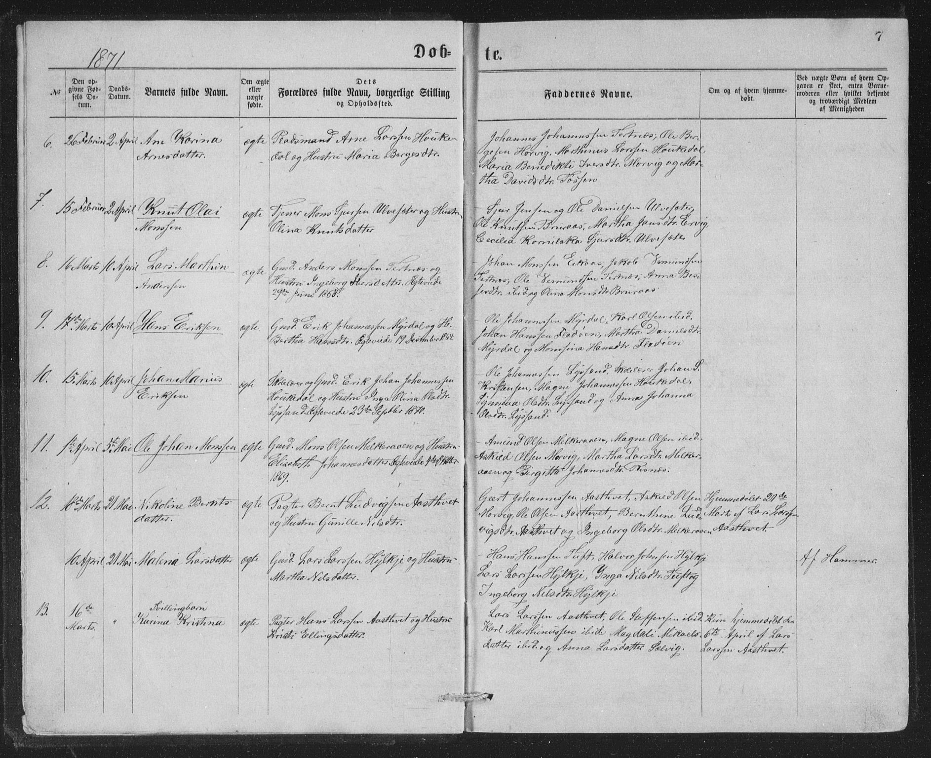 Åsane sokneprestembete, SAB/A-79401/H/Hab: Parish register (copy) no. A 1, 1870-1884, p. 7