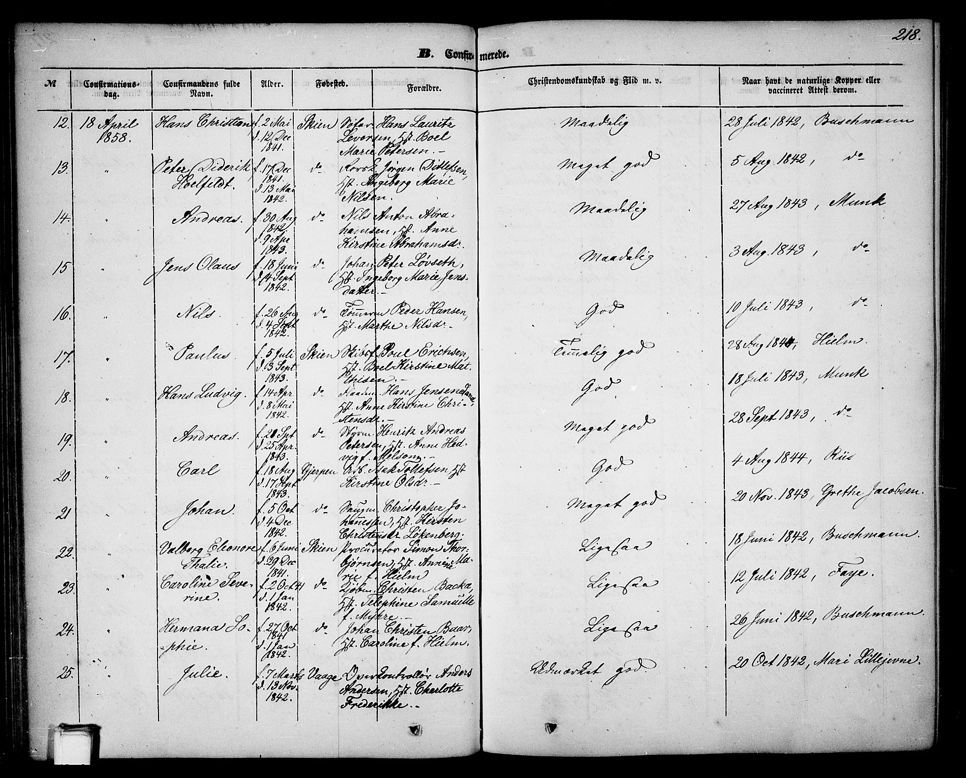 Skien kirkebøker, SAKO/A-302/G/Ga/L0004: Parish register (copy) no. 4, 1843-1867, p. 218