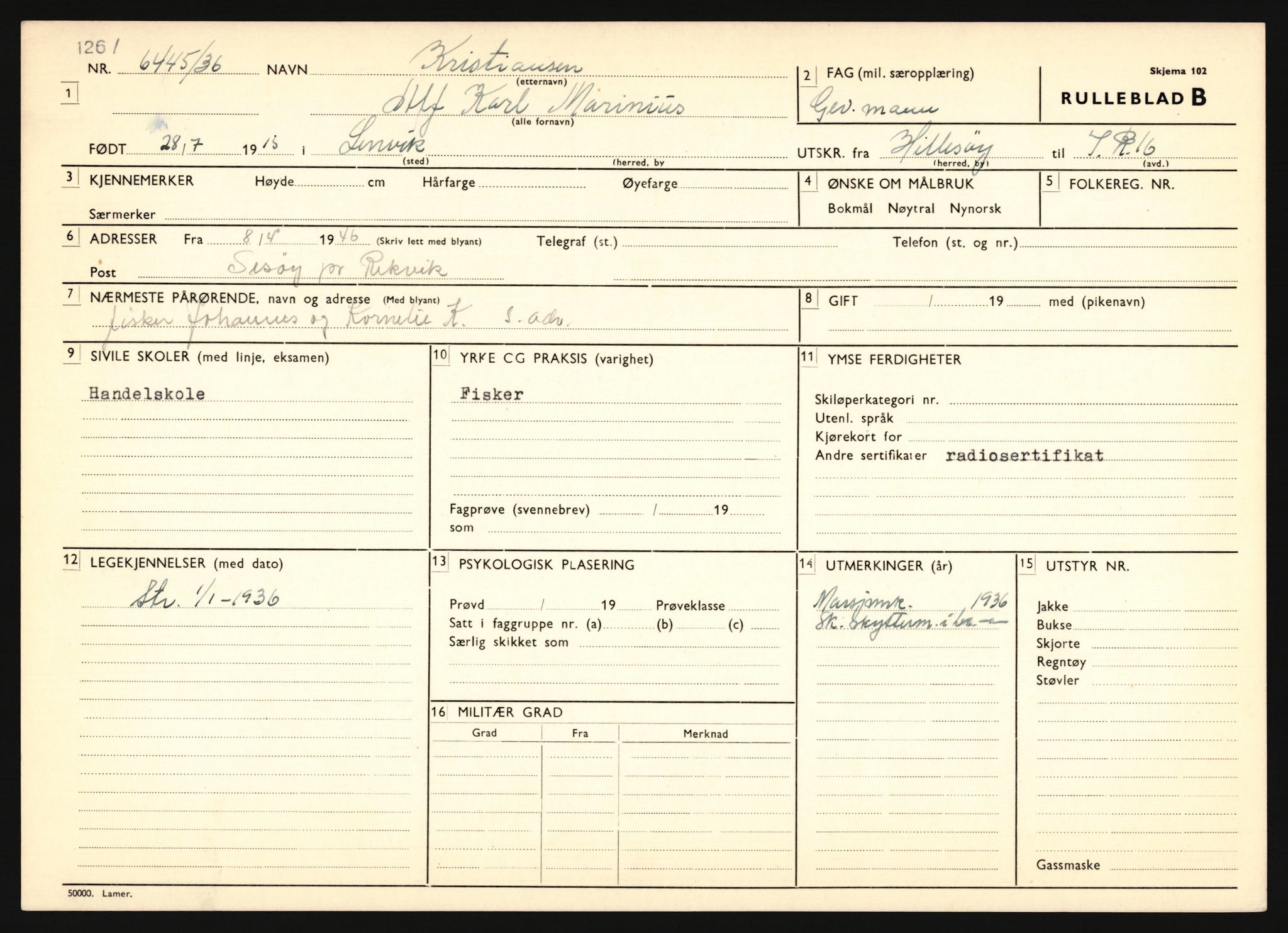 Forsvaret, Troms infanteriregiment nr. 16, AV/RA-RAFA-3146/P/Pa/L0020: Rulleblad for regimentets menige mannskaper, årsklasse 1936, 1936, p. 707