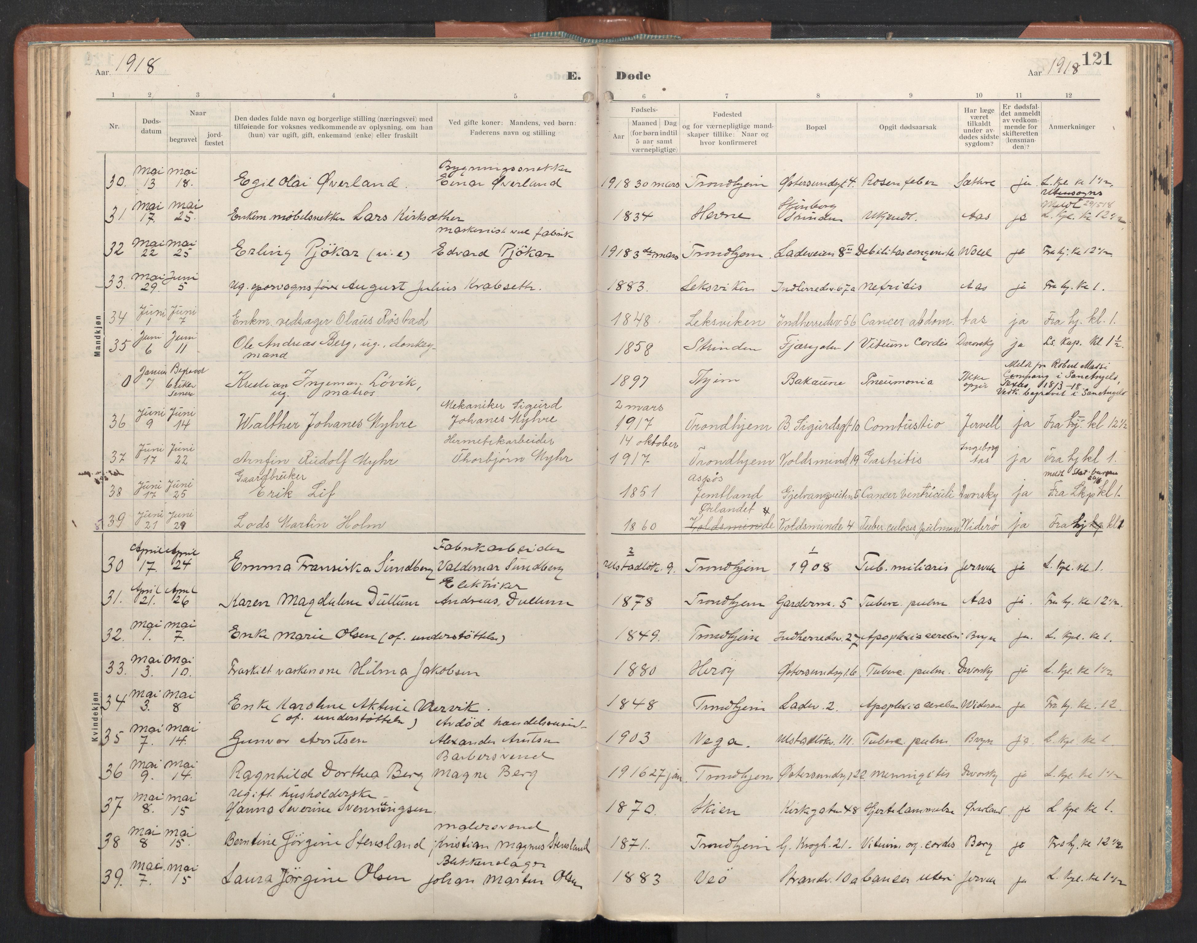 Ministerialprotokoller, klokkerbøker og fødselsregistre - Sør-Trøndelag, AV/SAT-A-1456/605/L0245: Parish register (official) no. 605A07, 1916-1938, p. 121