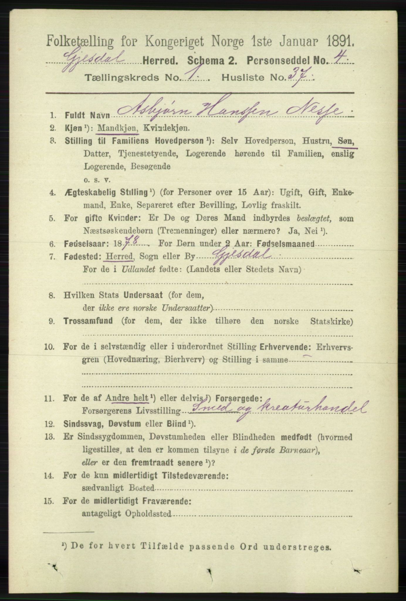 RA, 1891 census for 1122 Gjesdal, 1891, p. 334