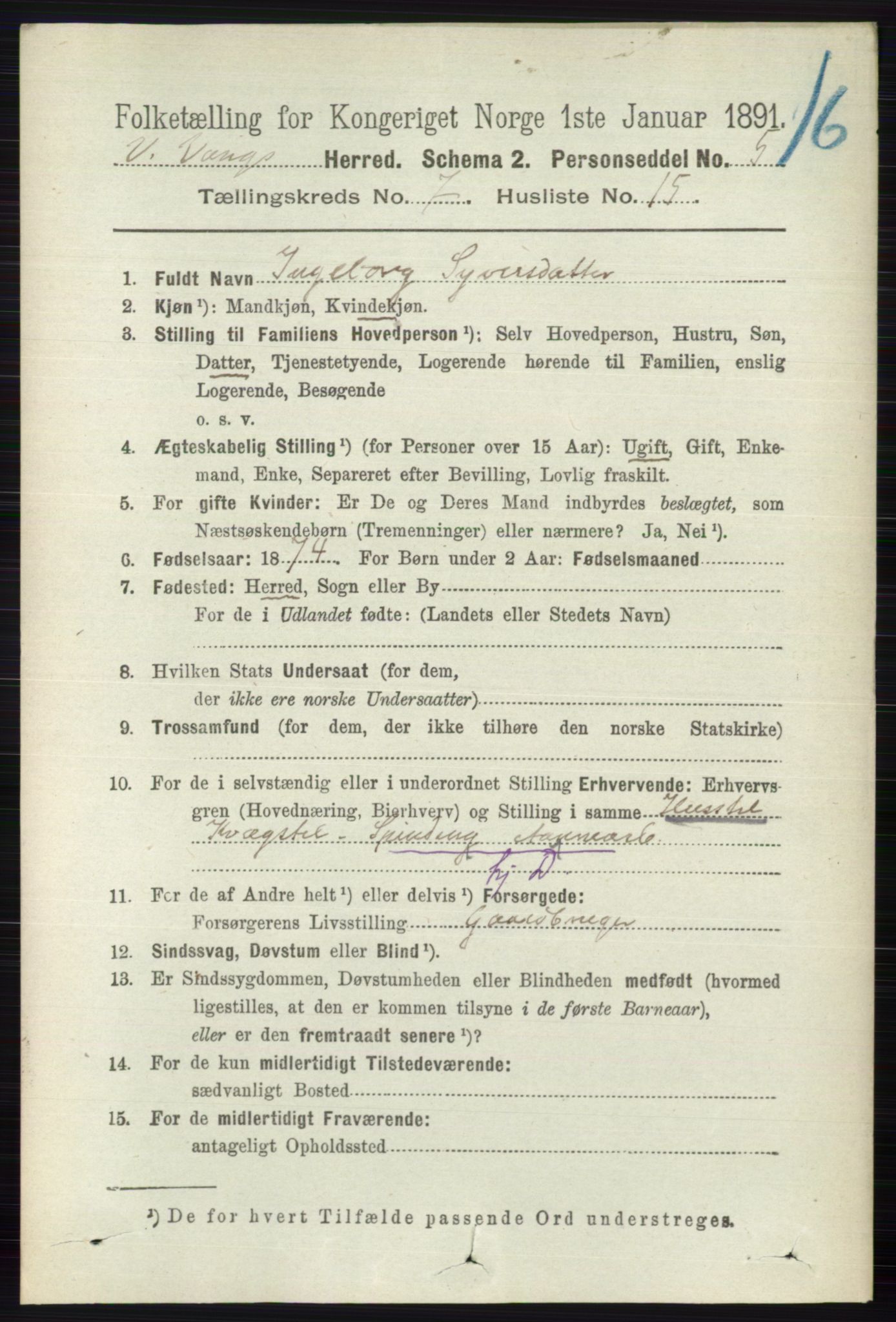 RA, 1891 census for 0545 Vang, 1891, p. 1515