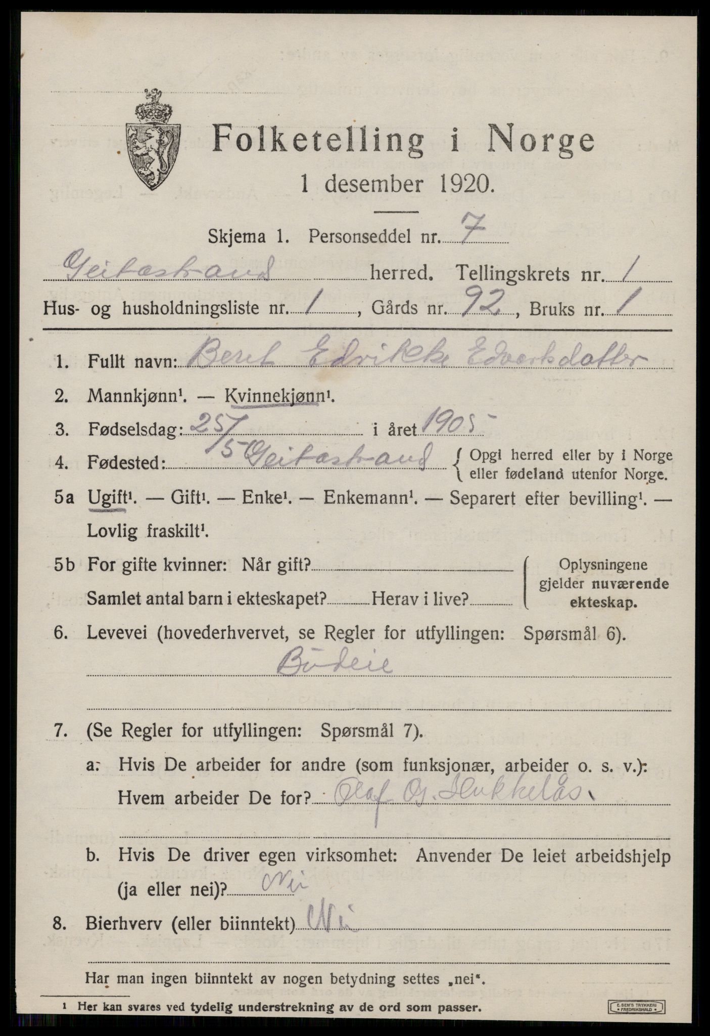 SAT, 1920 census for Geitastrand, 1920, p. 251