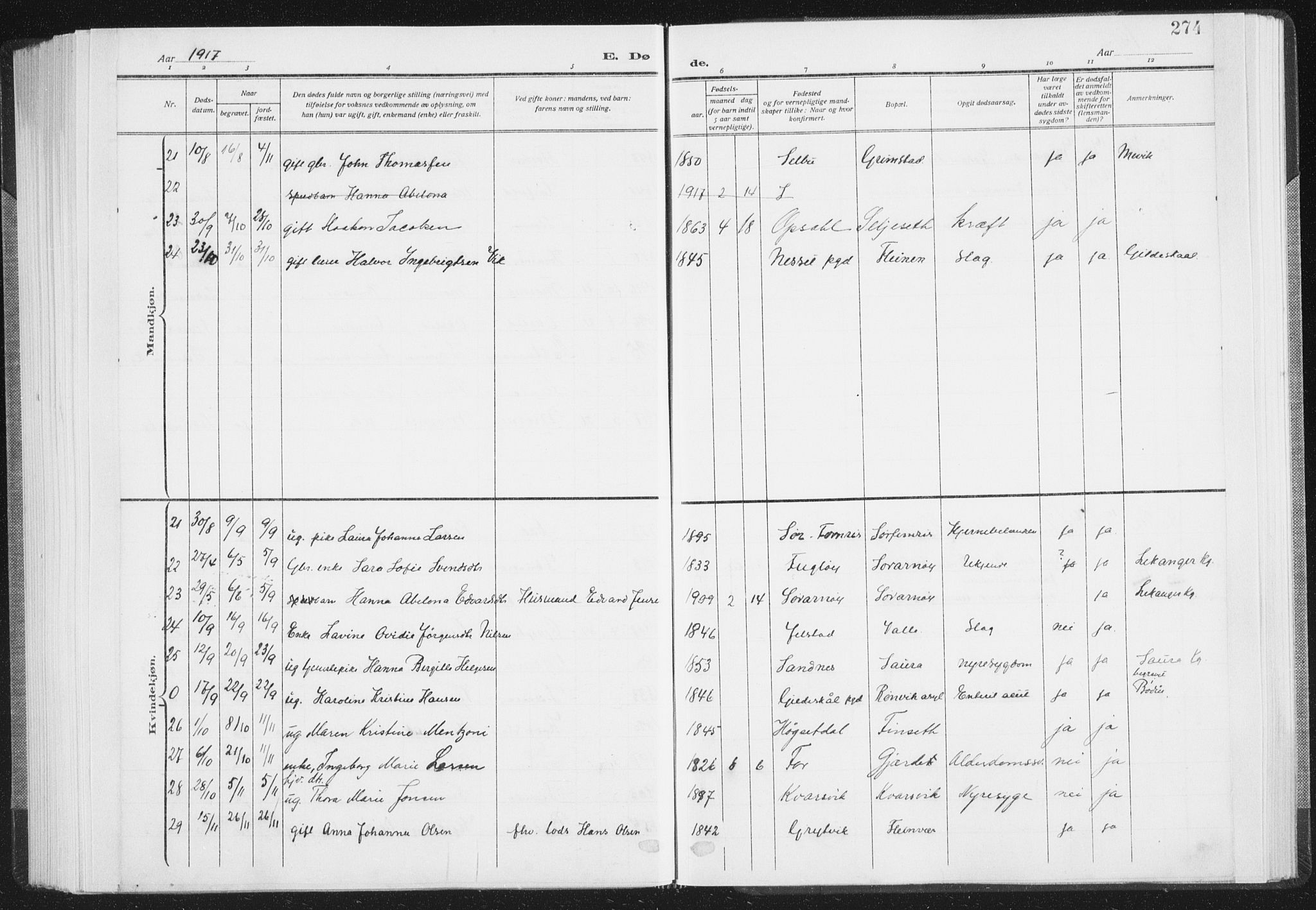 Ministerialprotokoller, klokkerbøker og fødselsregistre - Nordland, AV/SAT-A-1459/805/L0104: Parish register (official) no. 805A09, 1909-1926, p. 274