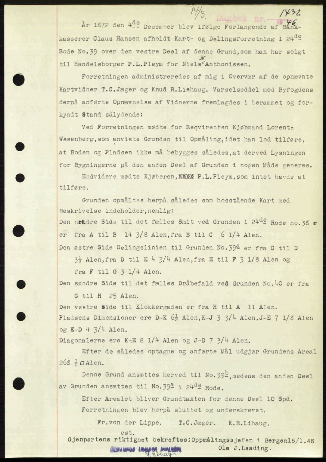 Byfogd og Byskriver i Bergen, SAB/A-3401/03/03Bc/L0022: Mortgage book no. A18, 1946-1946, Diary no: : 1432/1946