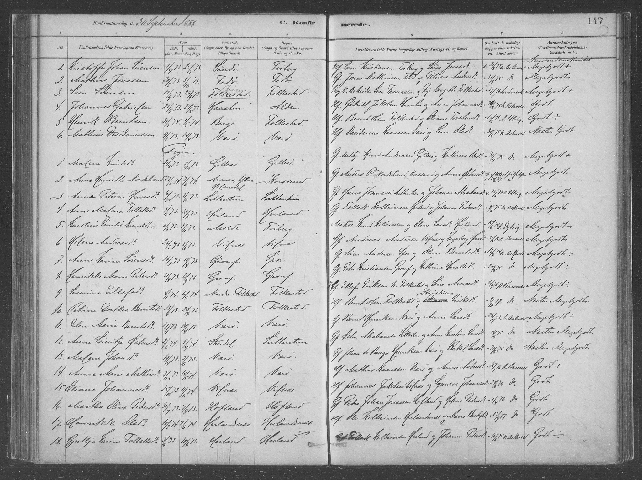 Askvoll sokneprestembete, SAB/A-79501/H/Haa/Haac/L0001: Parish register (official) no. C  1, 1879-1922, p. 147
