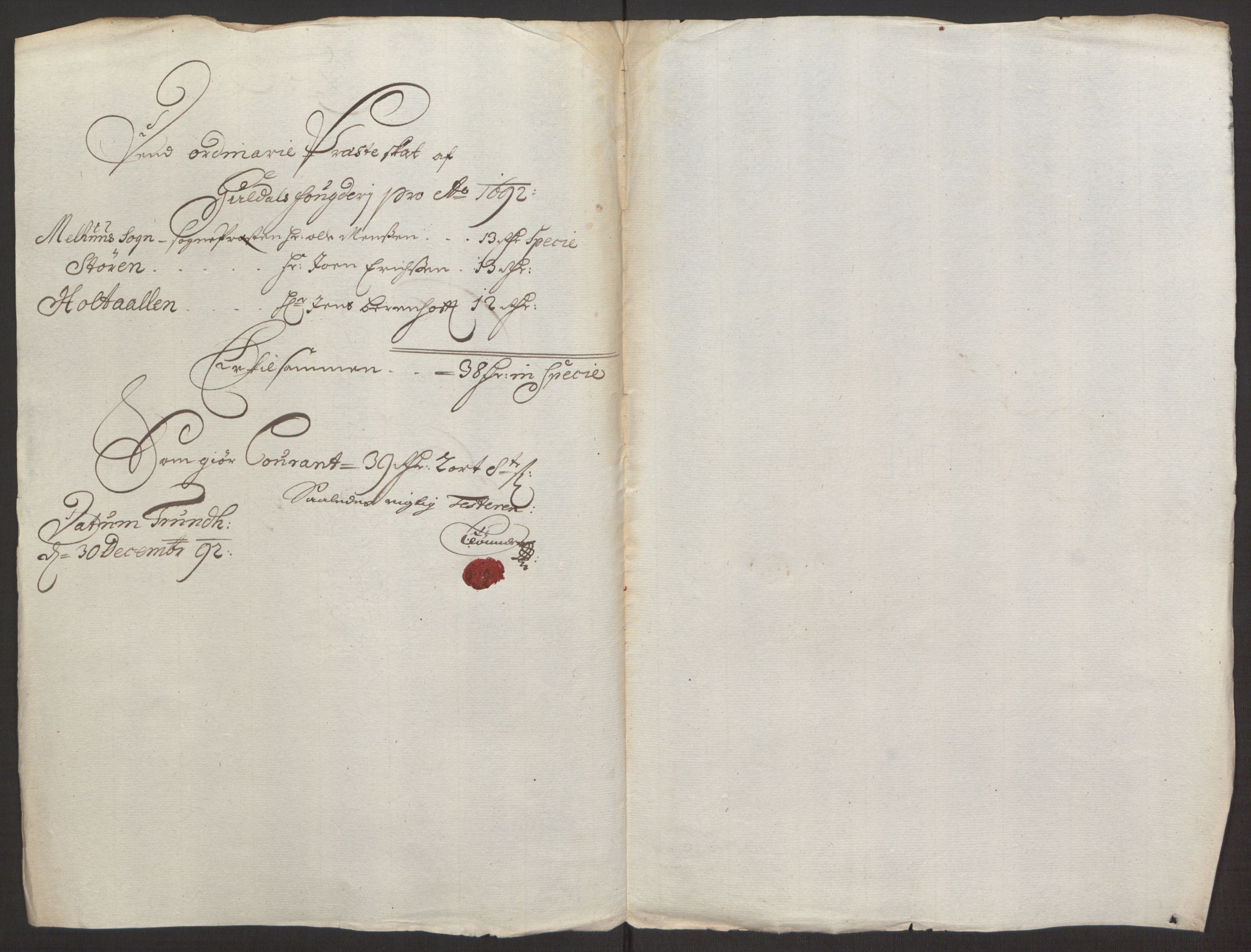 Rentekammeret inntil 1814, Reviderte regnskaper, Fogderegnskap, RA/EA-4092/R59/L3942: Fogderegnskap Gauldal, 1692, p. 193