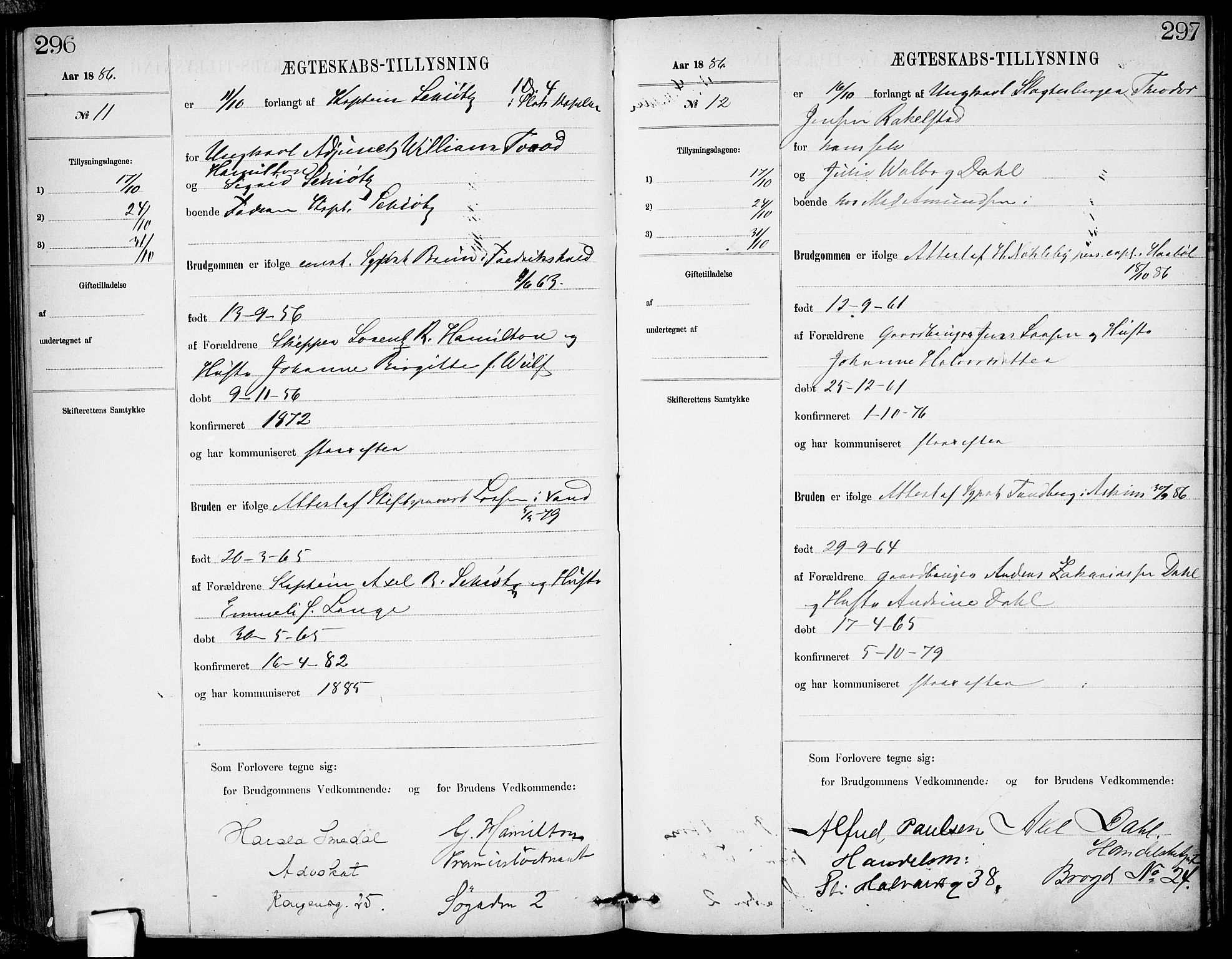 Garnisonsmenigheten Kirkebøker, AV/SAO-A-10846/H/Ha/L0007: Banns register no. I 7, 1872-1893, p. 296-297