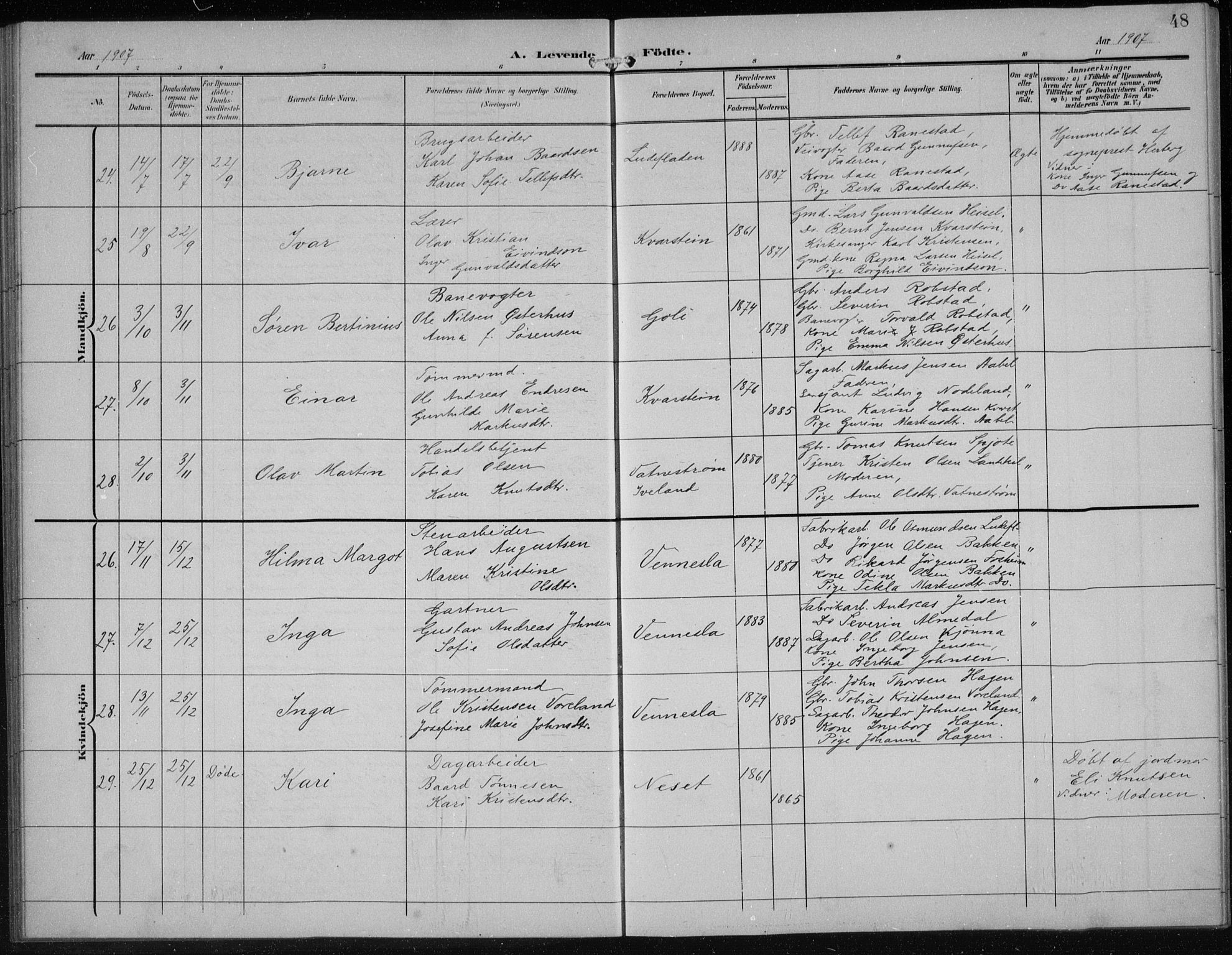 Vennesla sokneprestkontor, AV/SAK-1111-0045/Fb/Fbb/L0005: Parish register (copy) no. B 5, 1903-1913, p. 48