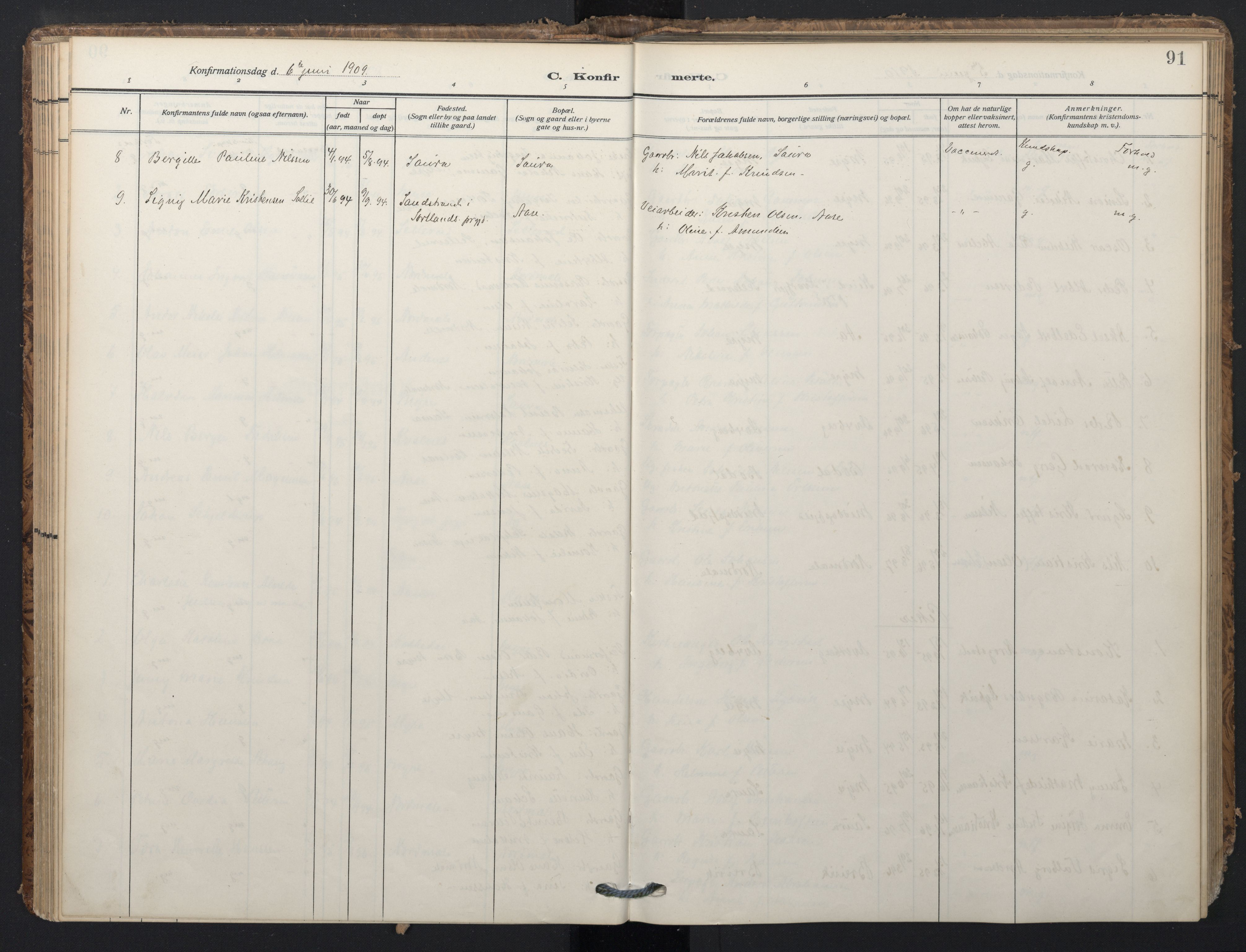 Ministerialprotokoller, klokkerbøker og fødselsregistre - Nordland, AV/SAT-A-1459/897/L1401: Parish register (official) no. 897A08, 1909-1921, p. 91