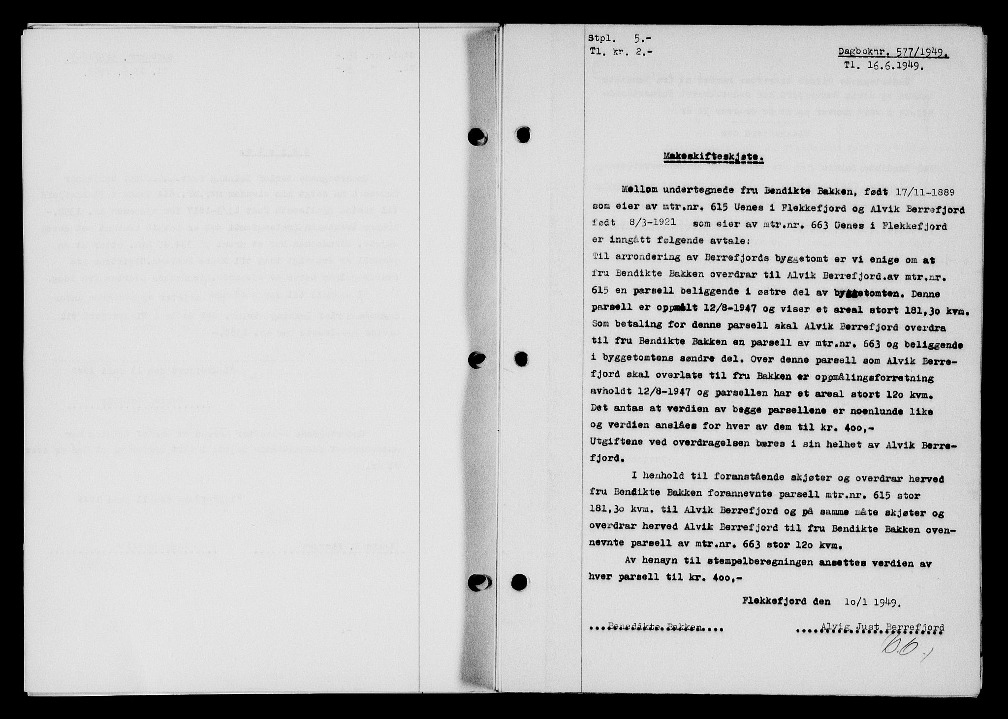 Flekkefjord sorenskriveri, SAK/1221-0001/G/Gb/Gba/L0065: Mortgage book no. A-13, 1949-1949, Diary no: : 577/1949