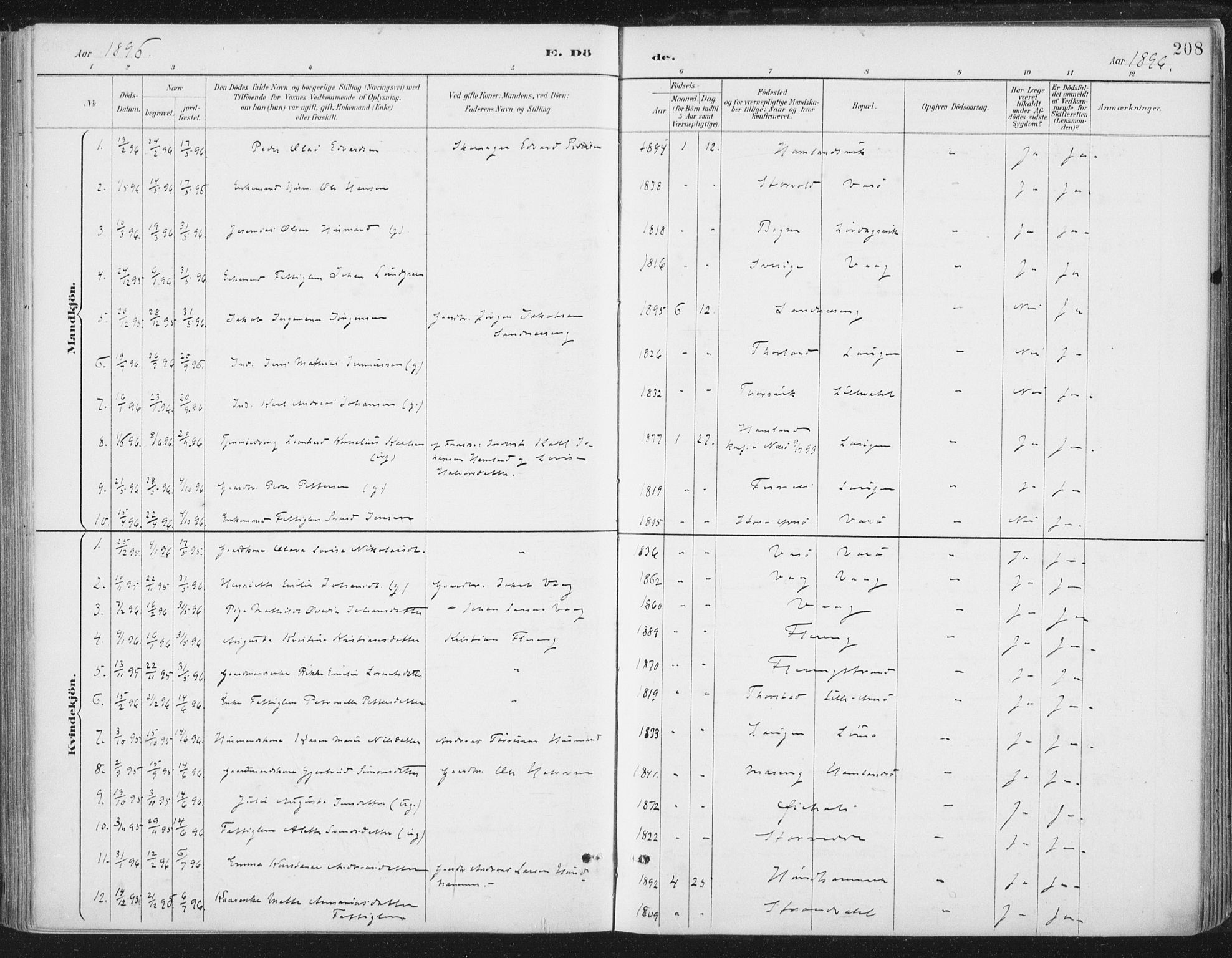 Ministerialprotokoller, klokkerbøker og fødselsregistre - Nord-Trøndelag, SAT/A-1458/784/L0673: Parish register (official) no. 784A08, 1888-1899, p. 208