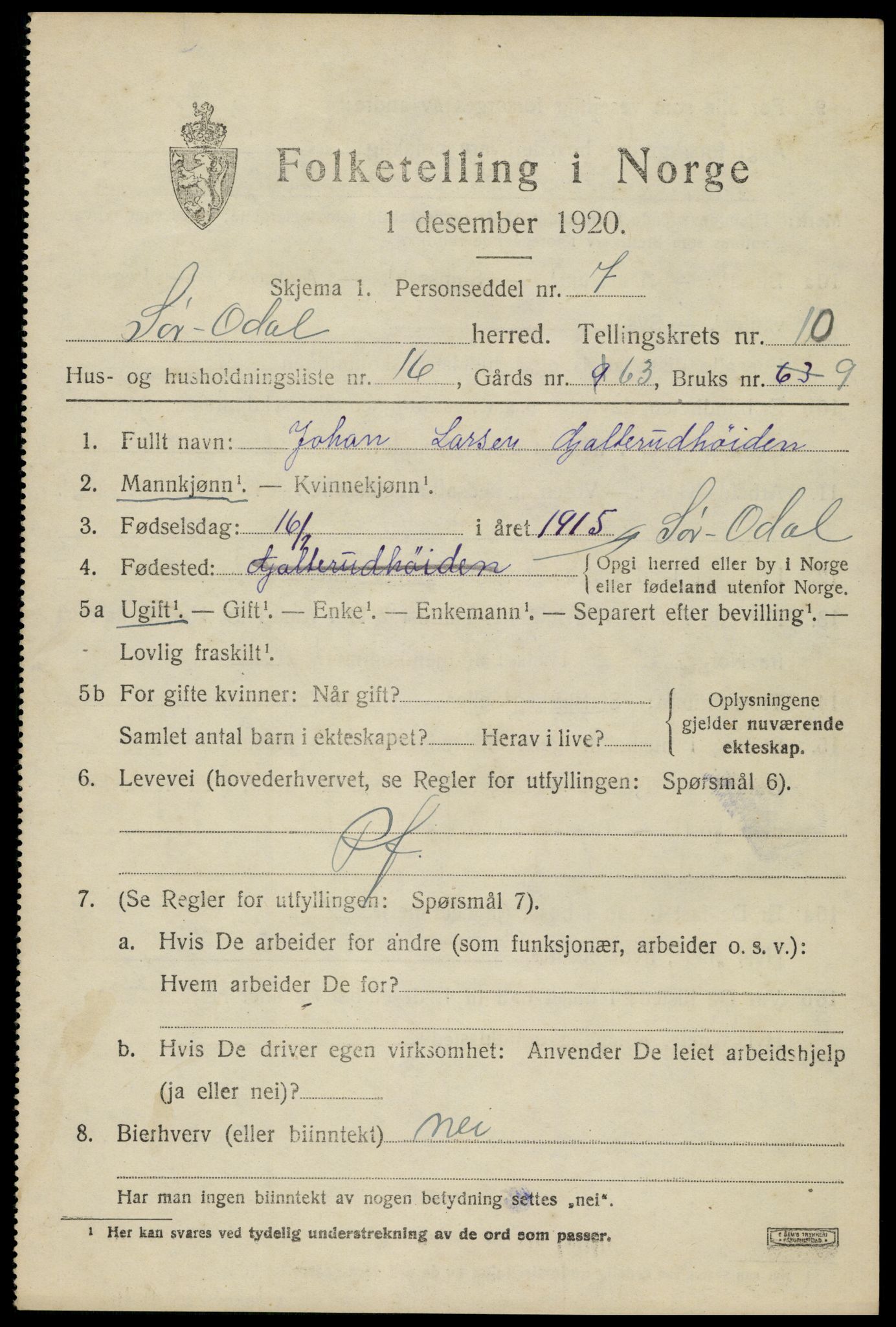 SAH, 1920 census for Sør-Odal, 1920, p. 11747