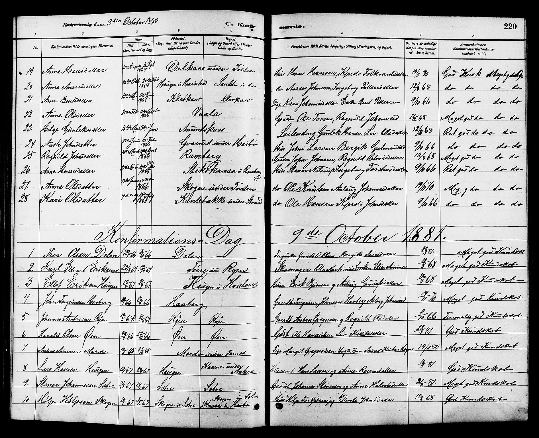Heddal kirkebøker, SAKO/A-268/G/Ga/L0002: Parish register (copy) no. I 2, 1879-1908, p. 220