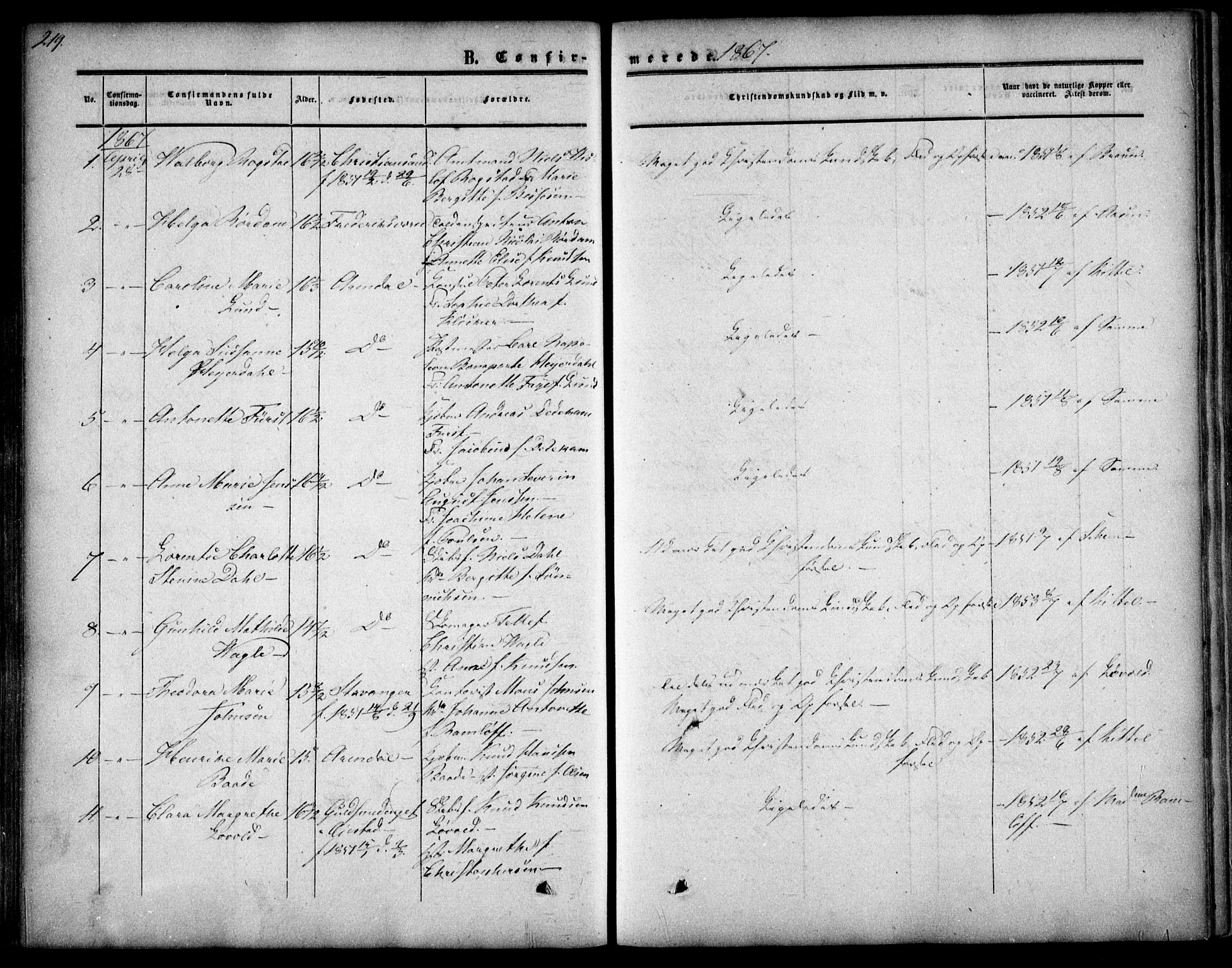Arendal sokneprestkontor, Trefoldighet, SAK/1111-0040/F/Fa/L0006: Parish register (official) no. A 6, 1855-1868, p. 219