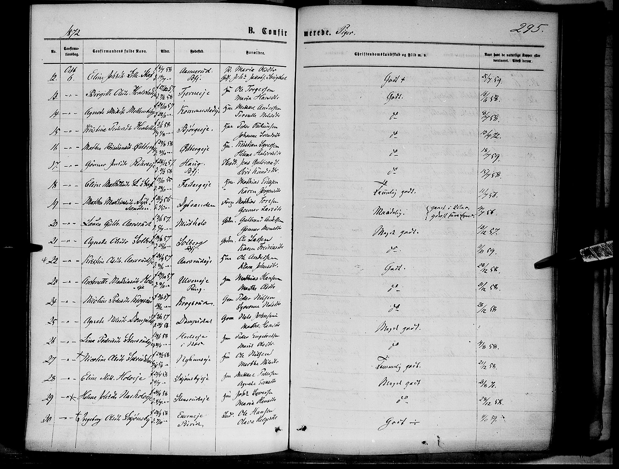 Ringsaker prestekontor, AV/SAH-PREST-014/K/Ka/L0011: Parish register (official) no. 11, 1870-1878, p. 295