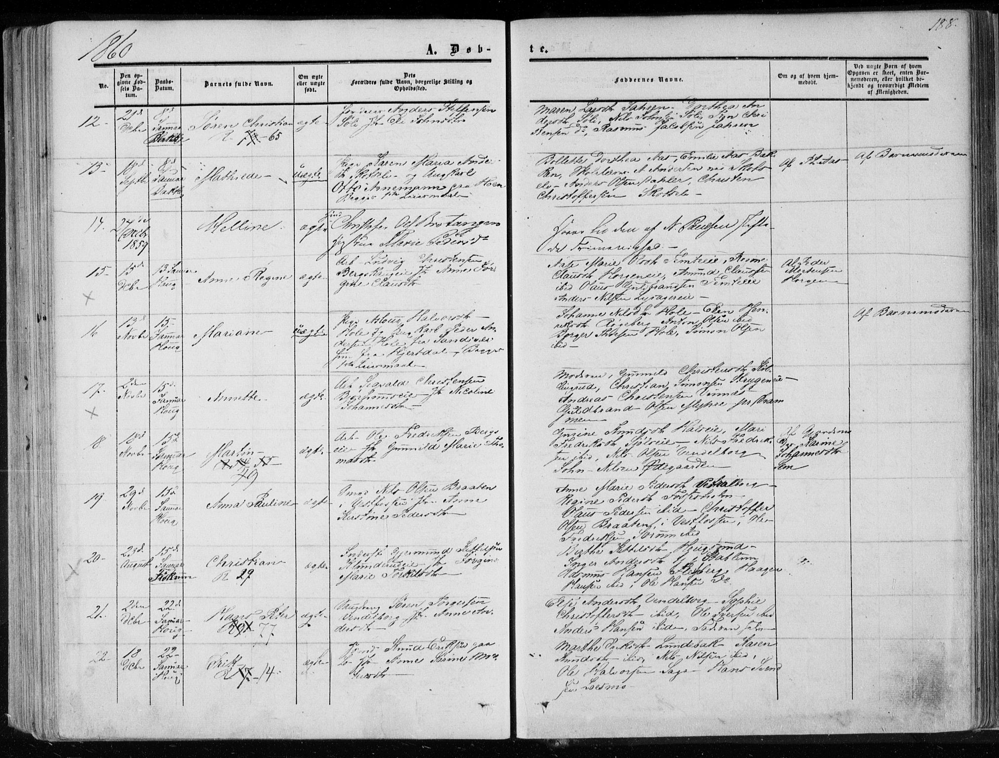 Eiker kirkebøker, SAKO/A-4/F/Fa/L0015a: Parish register (official) no. I 15A, 1854-1860, p. 188