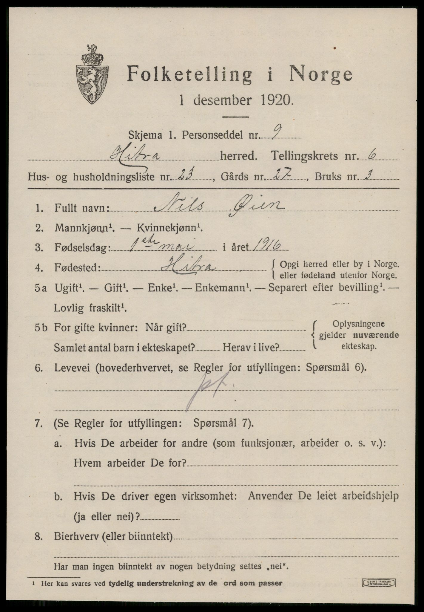 SAT, 1920 census for Hitra, 1920, p. 2093