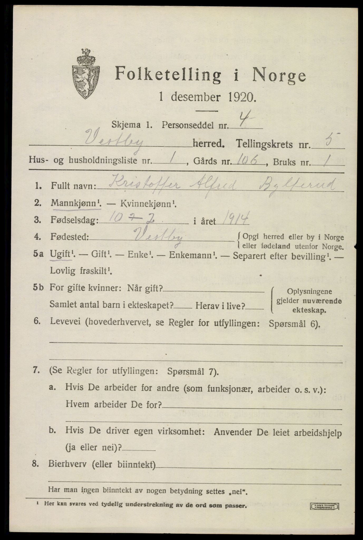 SAO, 1920 census for Vestby, 1920, p. 5283