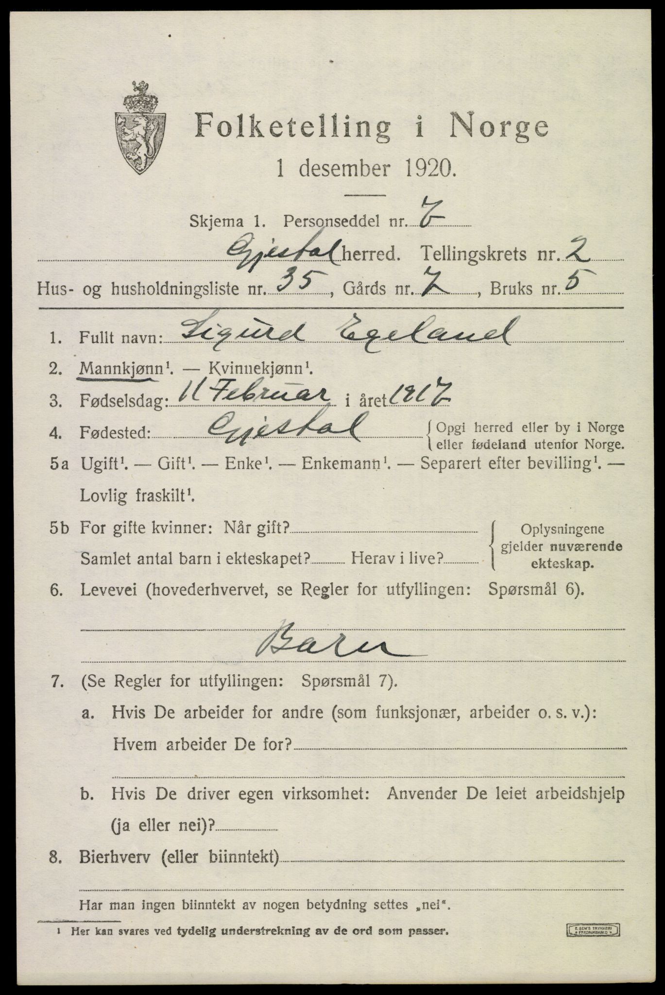 SAST, 1920 census for Gjesdal, 1920, p. 2002