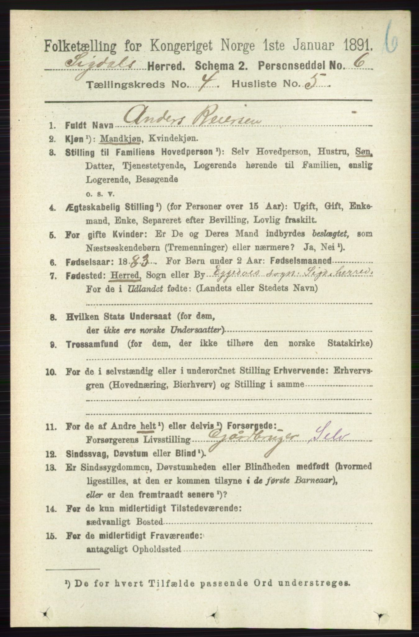 RA, 1891 census for 0621 Sigdal, 1891, p. 4693