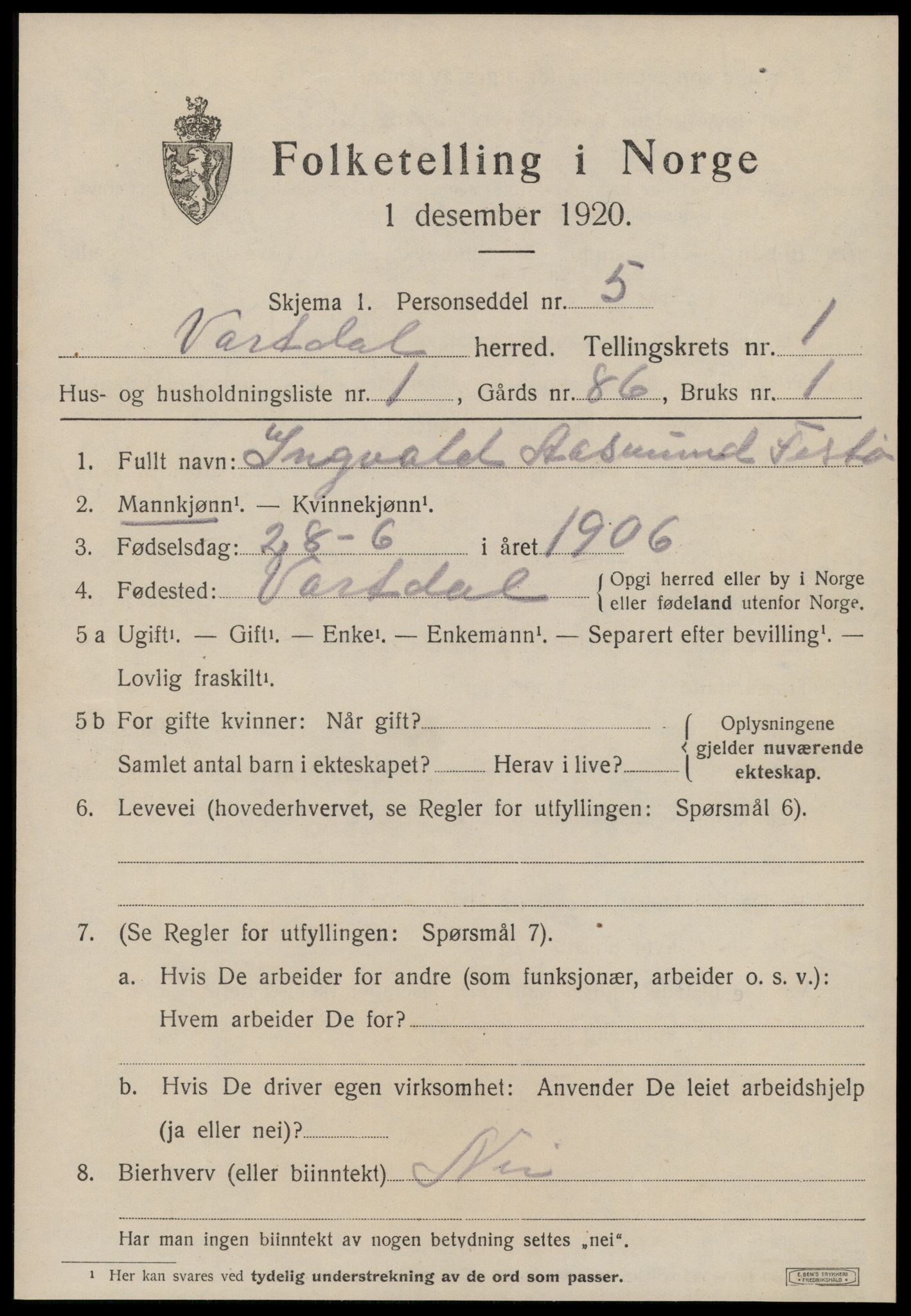 SAT, 1920 census for Vartdal, 1920, p. 281