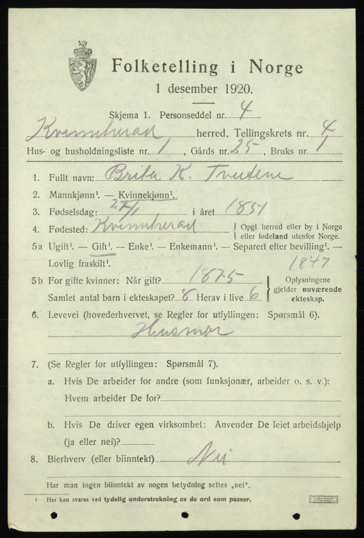 SAB, 1920 census for Kvinnherad, 1920, p. 5110