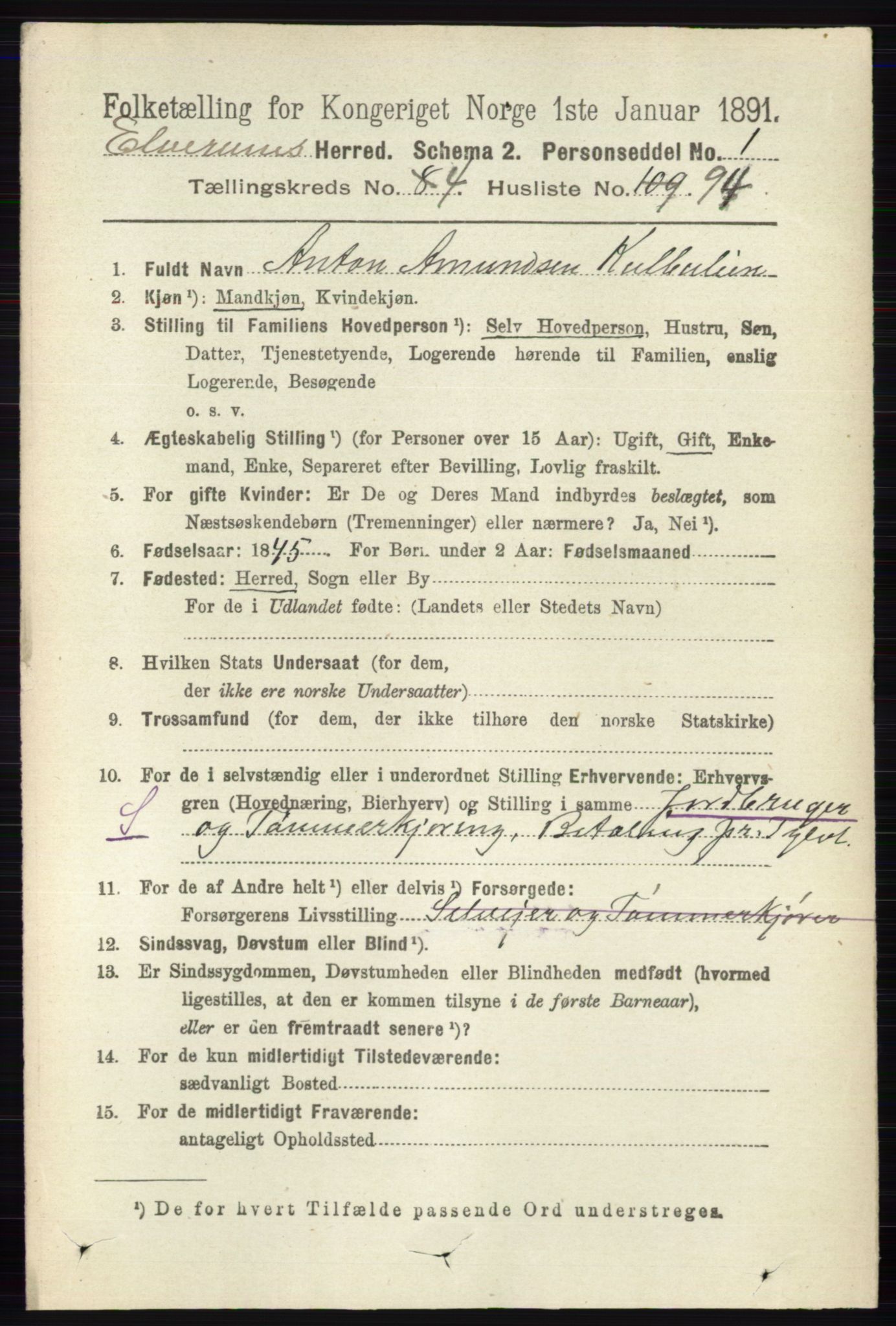 RA, 1891 census for 0427 Elverum, 1891, p. 2914