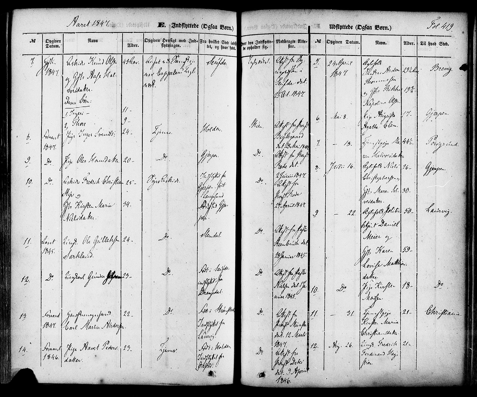 Skien kirkebøker, SAKO/A-302/F/Fa/L0006a: Parish register (official) no. 6A, 1843-1856, p. 419