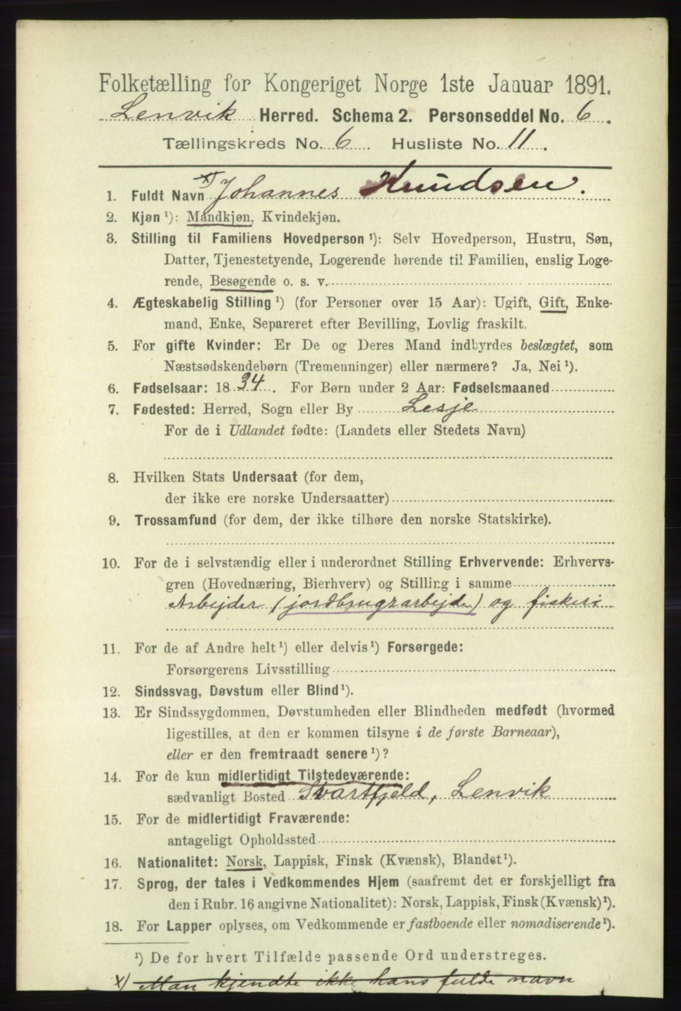 RA, 1891 census for 1931 Lenvik, 1891, p. 3298