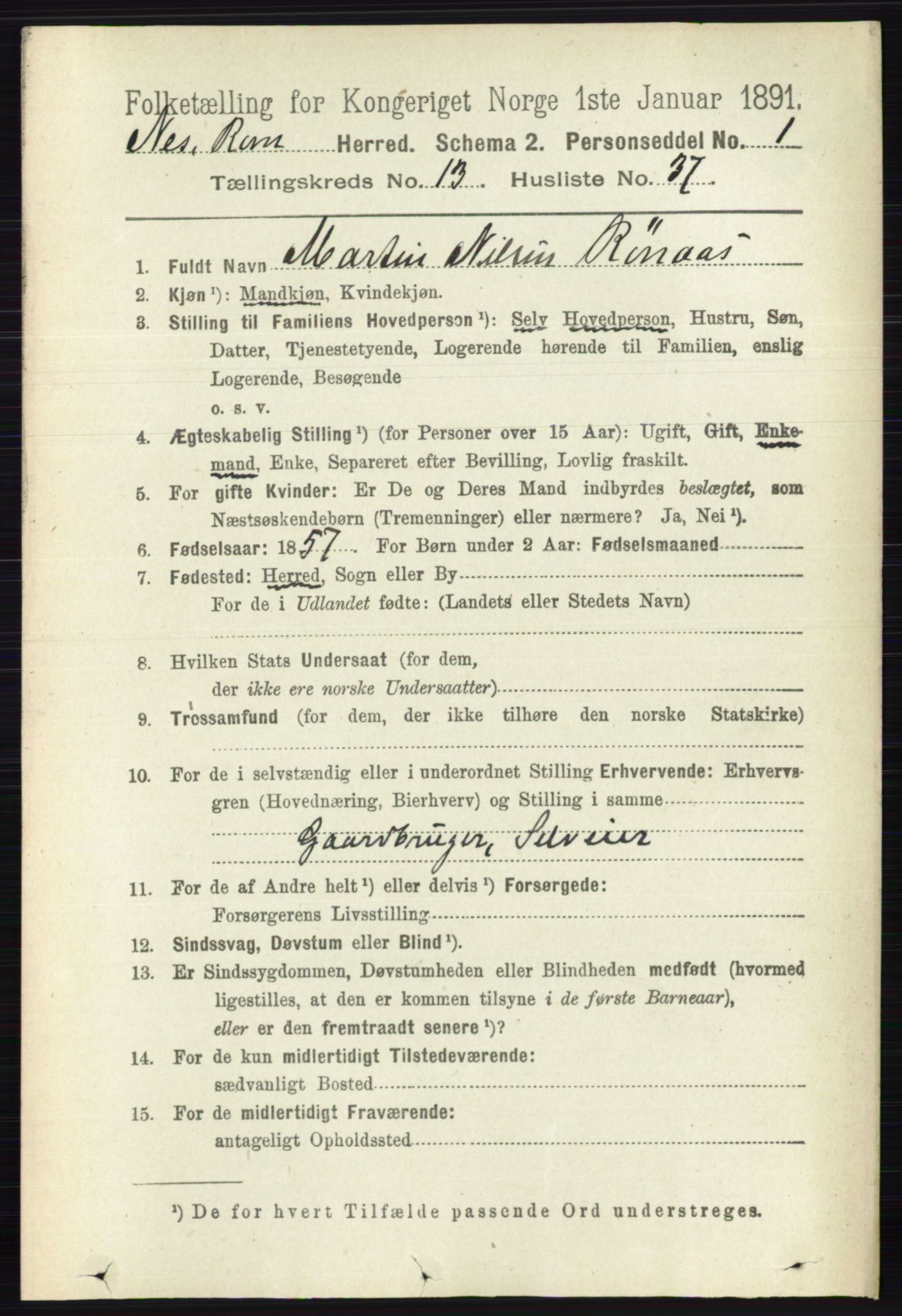 RA, 1891 census for 0236 Nes, 1891, p. 8054