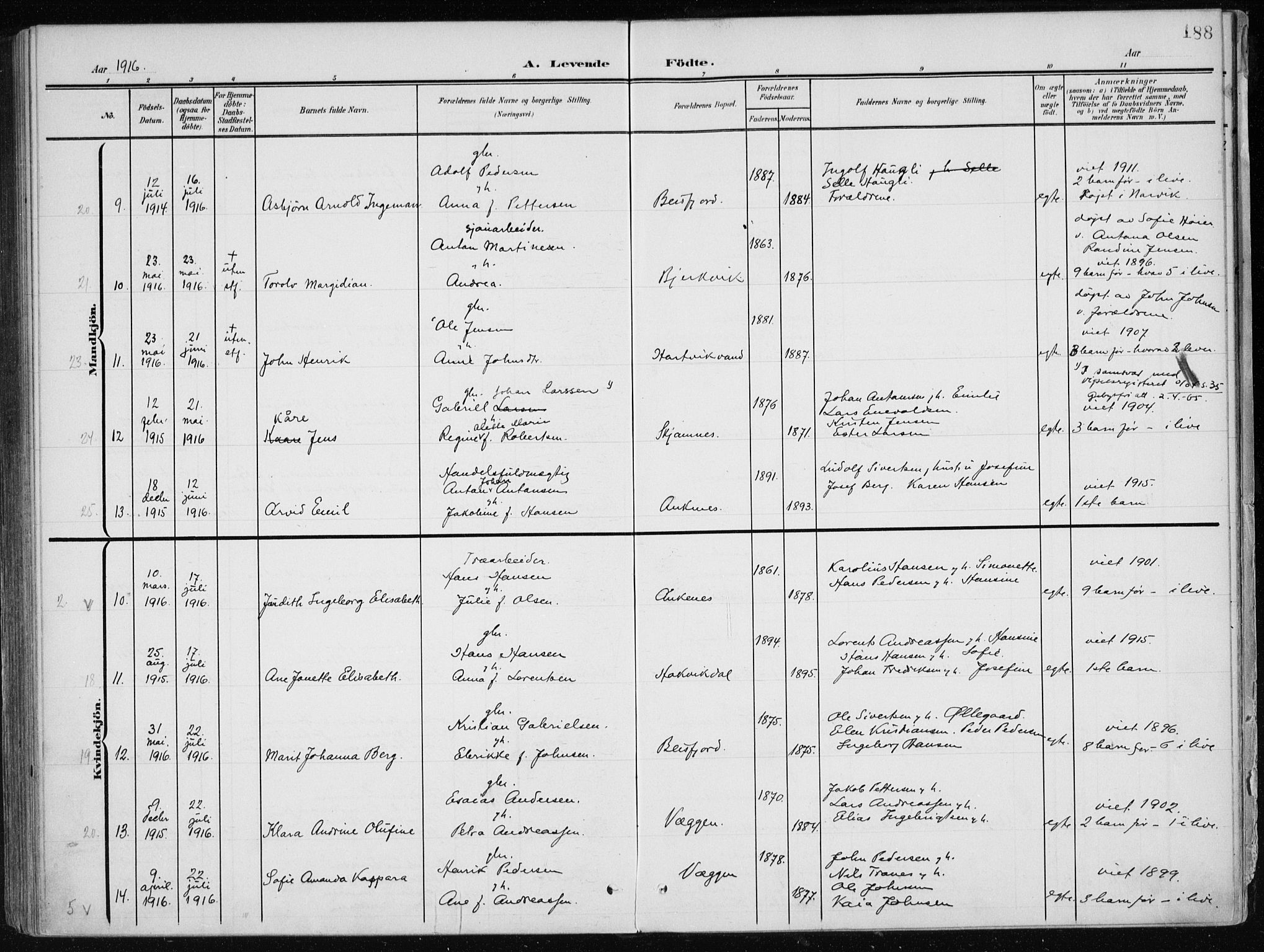 Ministerialprotokoller, klokkerbøker og fødselsregistre - Nordland, AV/SAT-A-1459/866/L0941: Parish register (official) no. 866A04, 1901-1917, p. 188