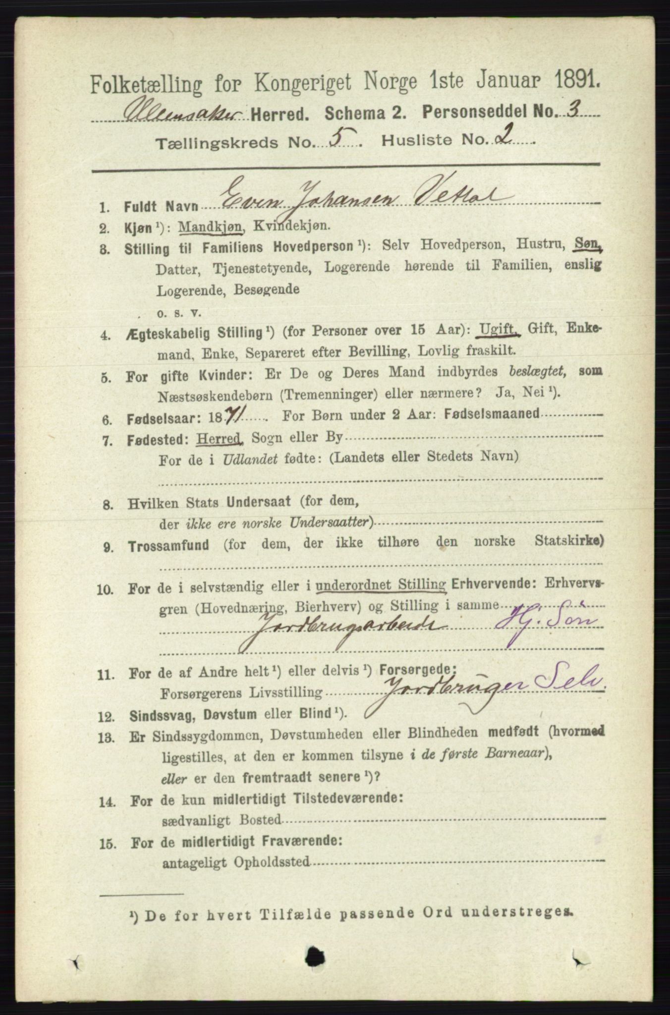 RA, 1891 census for 0235 Ullensaker, 1891, p. 2101