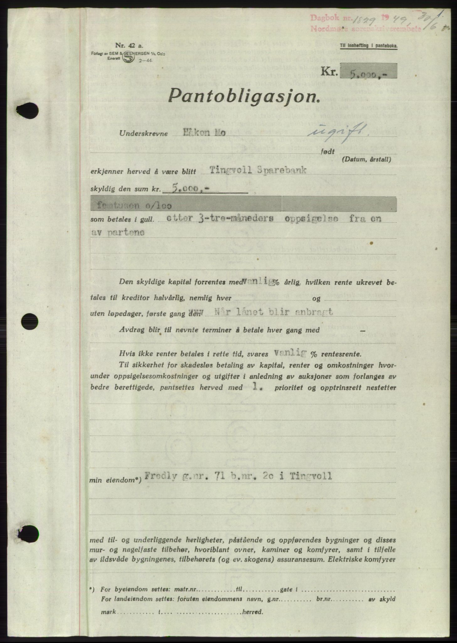 Nordmøre sorenskriveri, AV/SAT-A-4132/1/2/2Ca: Mortgage book no. B102, 1949-1949, Diary no: : 1829/1949