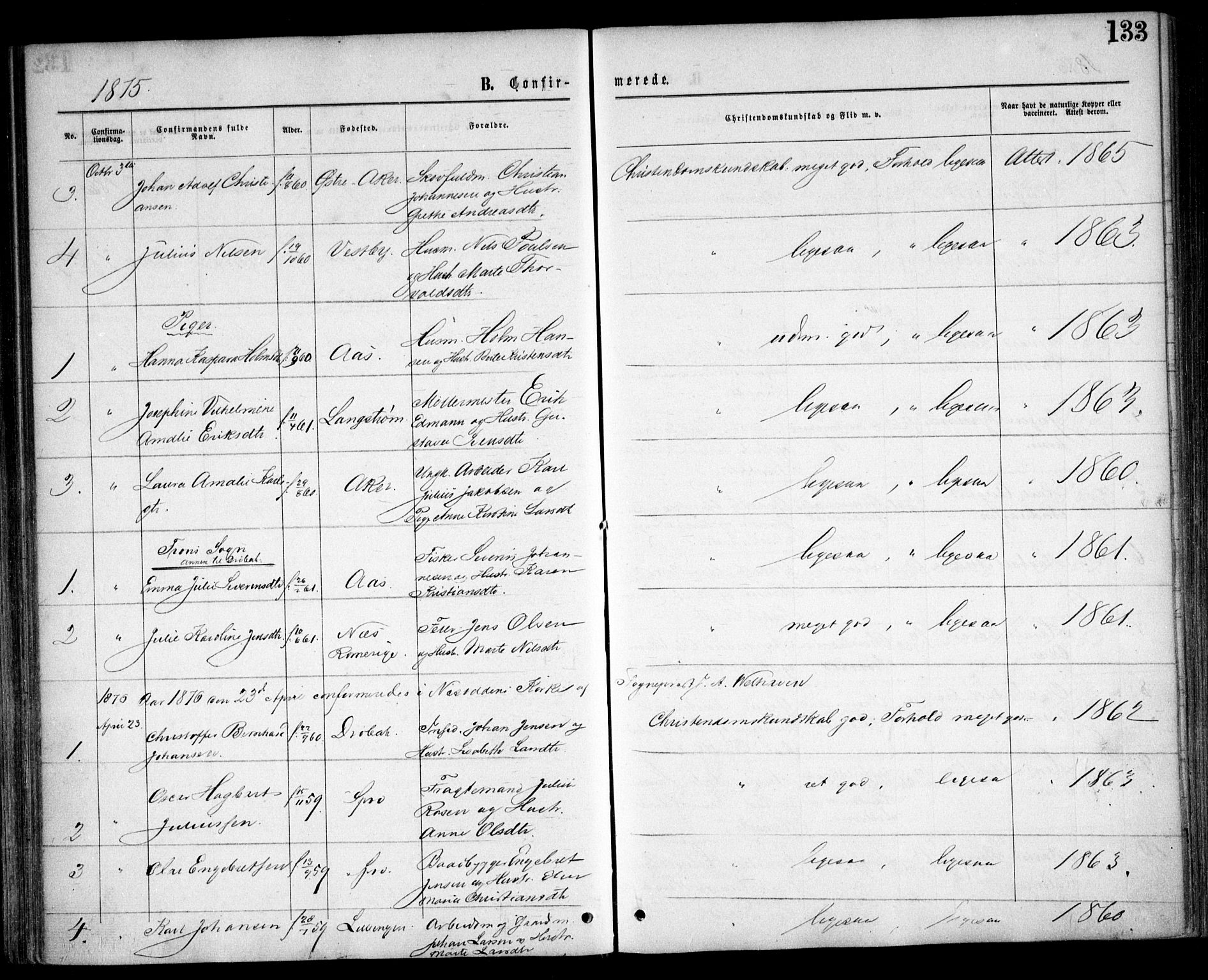 Nesodden prestekontor Kirkebøker, AV/SAO-A-10013/F/Fa/L0008: Parish register (official) no. I 8, 1869-1879, p. 133