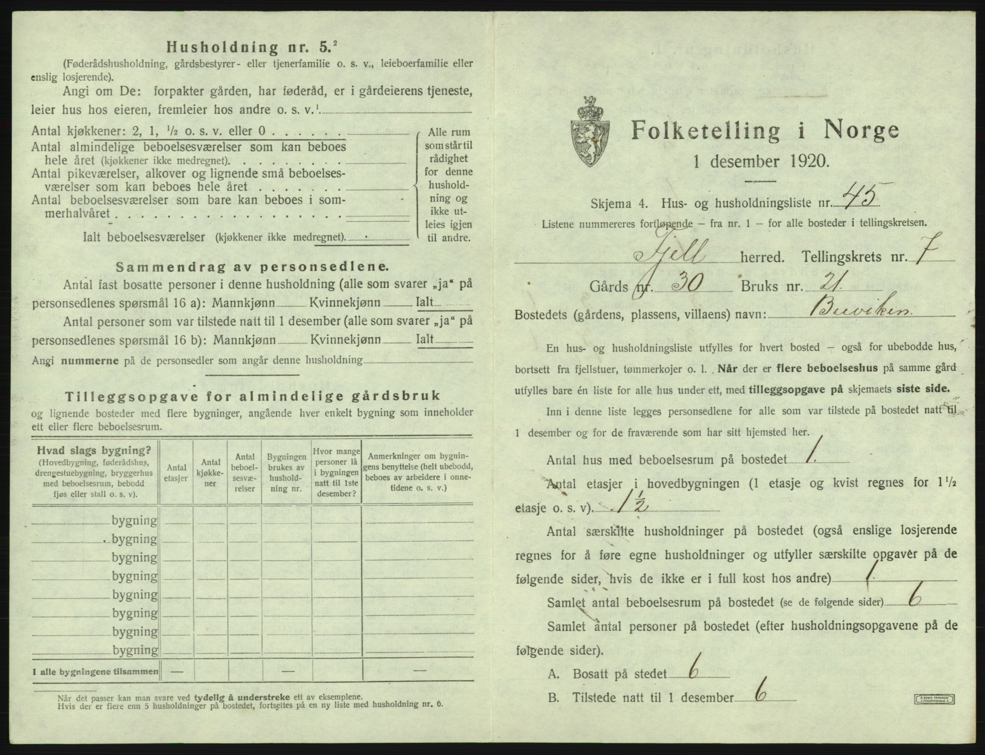 SAB, 1920 census for Fjell, 1920, p. 879