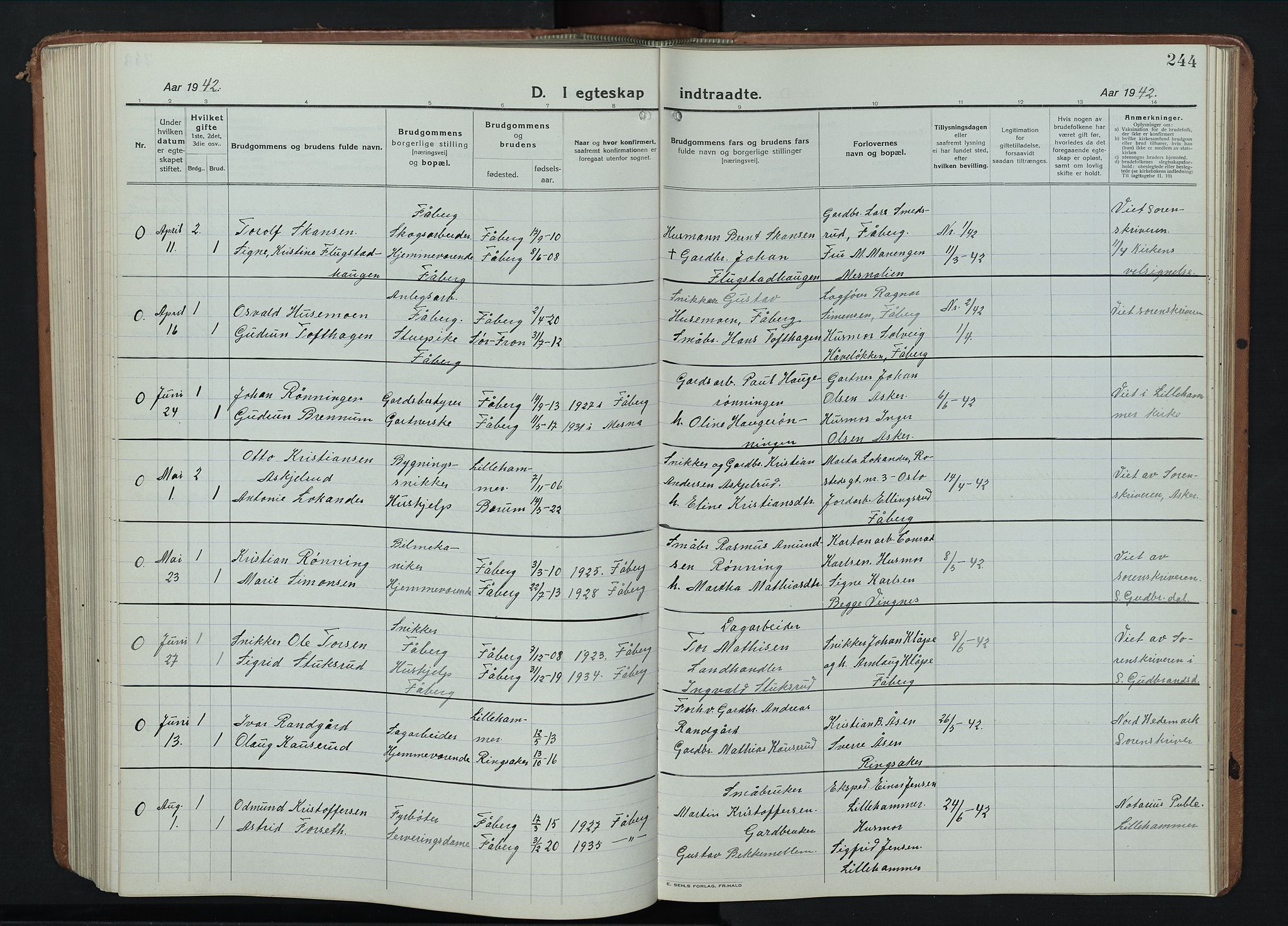 Fåberg prestekontor, AV/SAH-PREST-086/H/Ha/Hab/L0014: Parish register (copy) no. 14, 1922-1946, p. 244