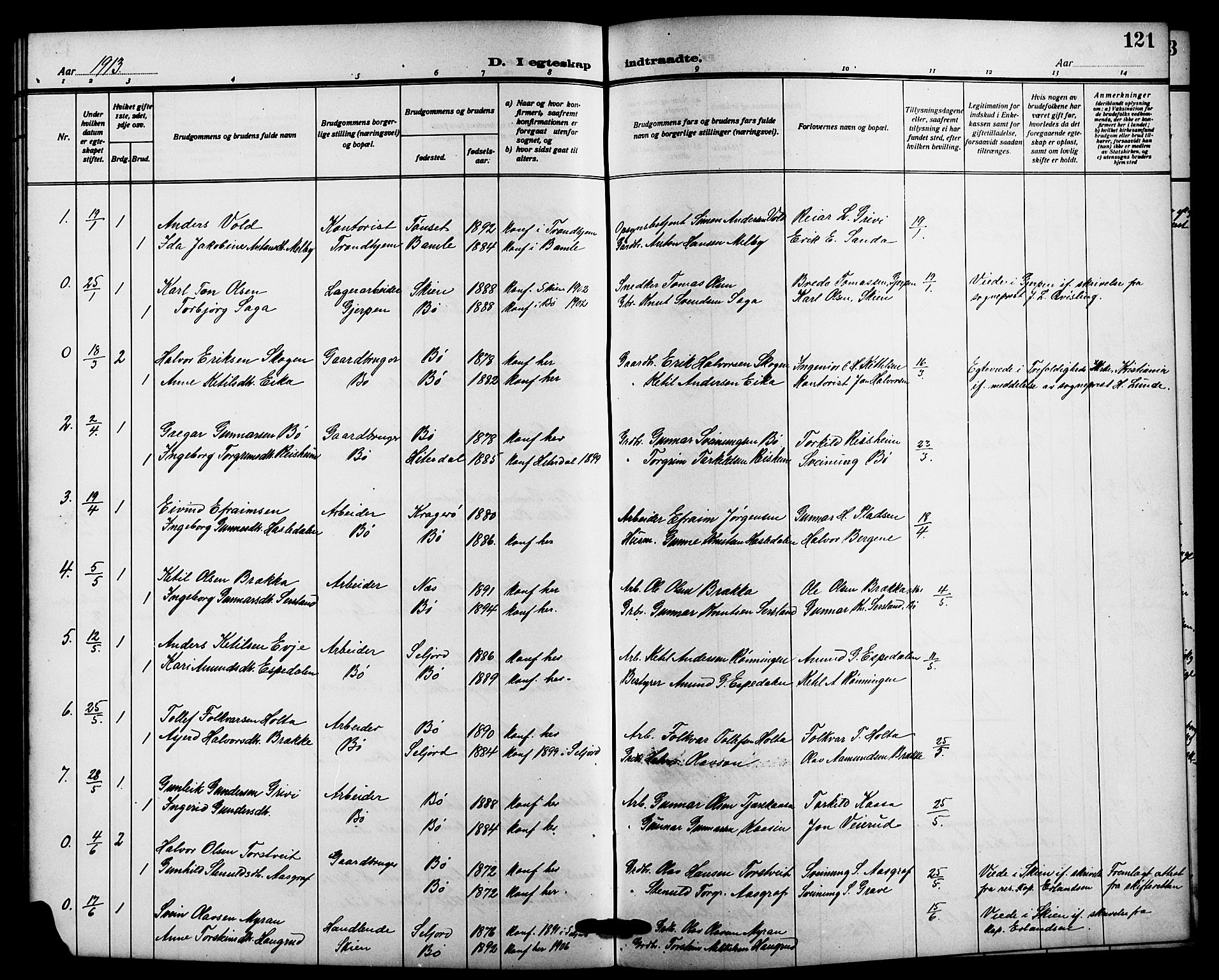 Bø kirkebøker, AV/SAKO-A-257/G/Ga/L0007: Parish register (copy) no. 7, 1909-1924, p. 121