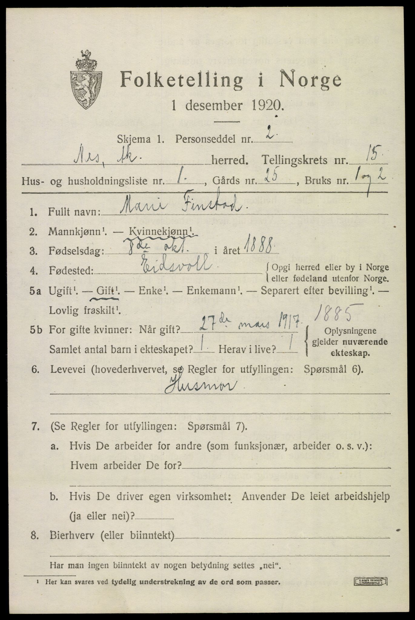 SAO, 1920 census for Nes, 1920, p. 14692