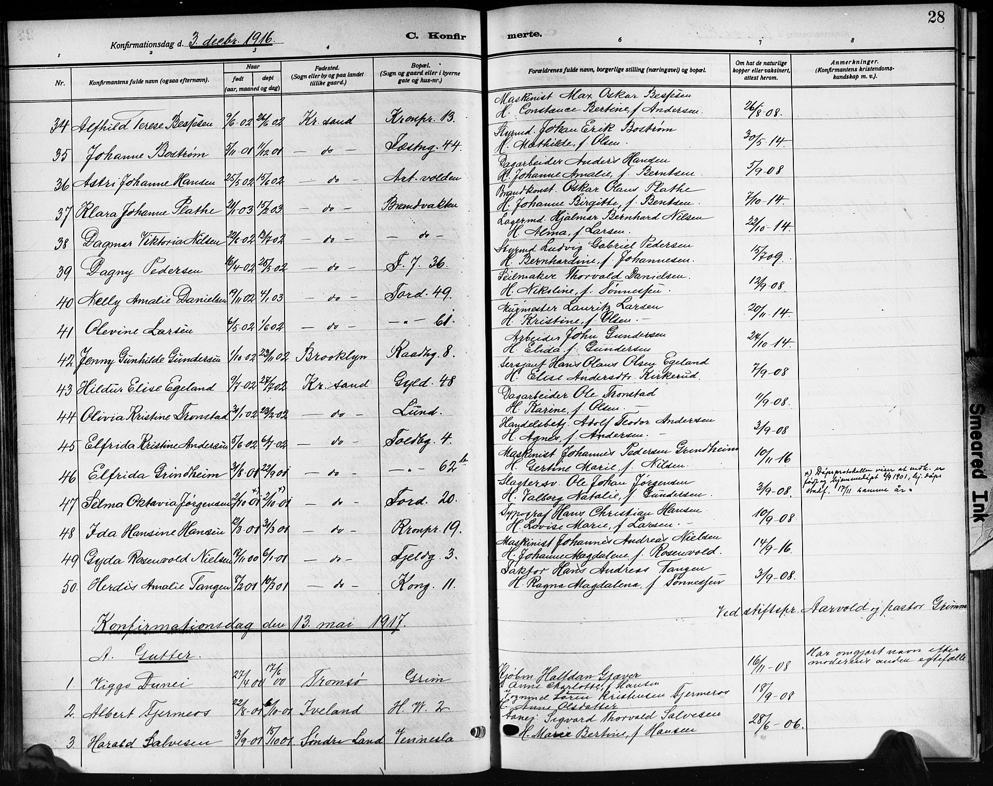 Kristiansand domprosti, SAK/1112-0006/F/Fb/L0022: Parish register (copy) no. B 22, 1915-1925, p. 28