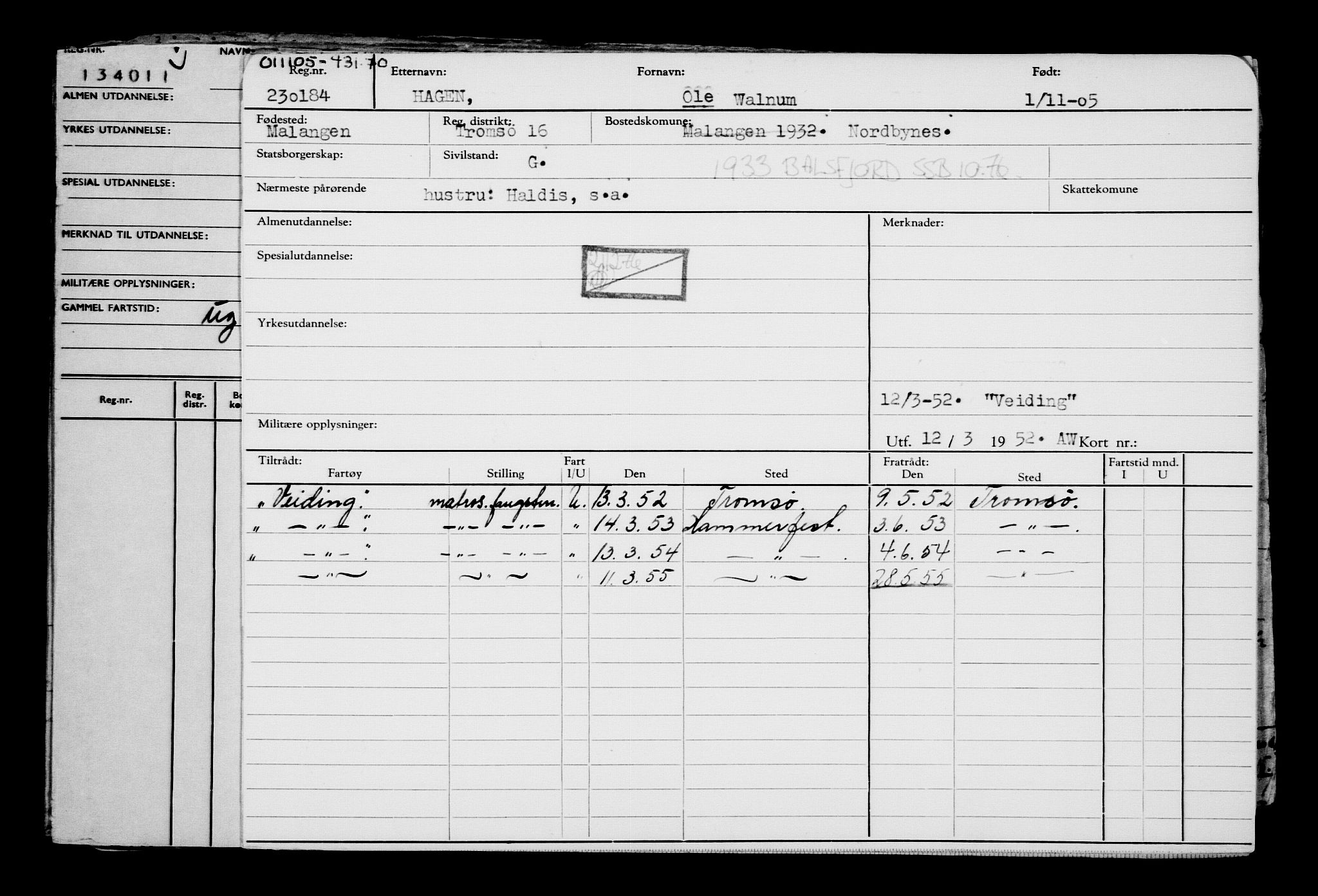 Direktoratet for sjømenn, RA/S-3545/G/Gb/L0062: Hovedkort, 1905, p. 1