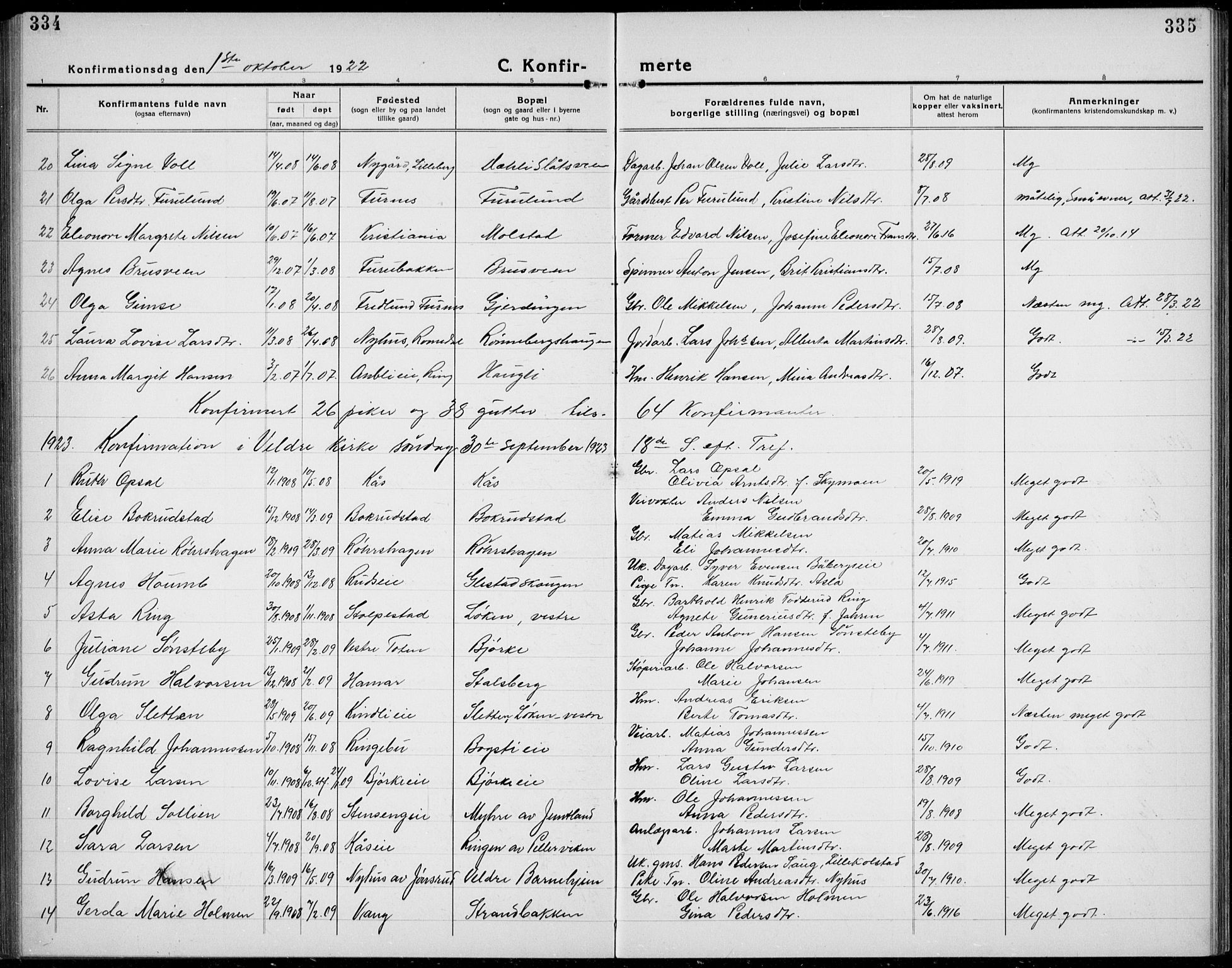 Veldre prestekontor, AV/SAH-PREST-018/L/La/L0001: Parish register (copy) no. 1, 1921-1934, p. 334-335