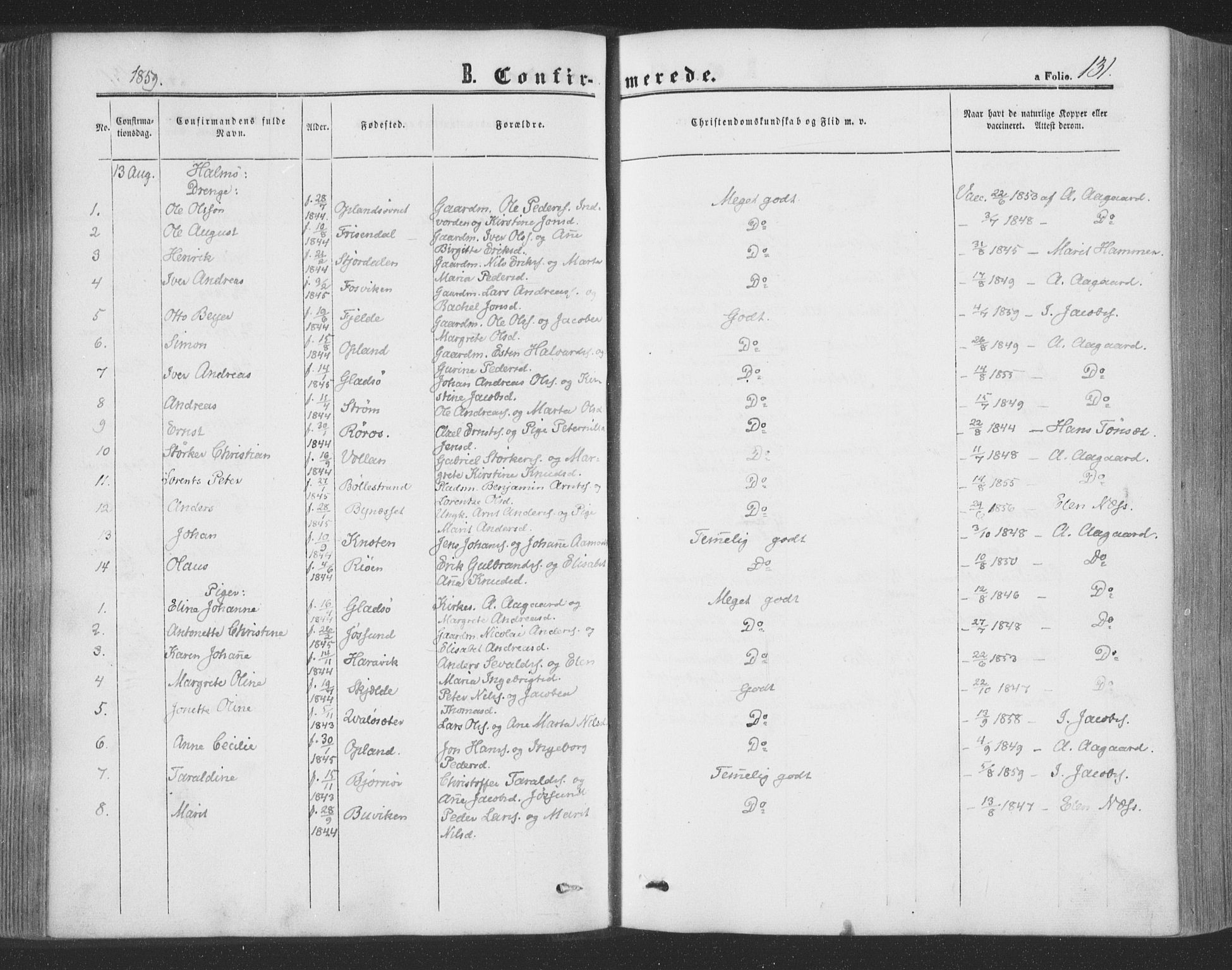 Ministerialprotokoller, klokkerbøker og fødselsregistre - Nord-Trøndelag, SAT/A-1458/773/L0615: Parish register (official) no. 773A06, 1857-1870, p. 131